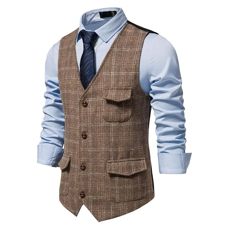 Men's Vintage Check Breast Pocket Collarless Vest 51861612Y