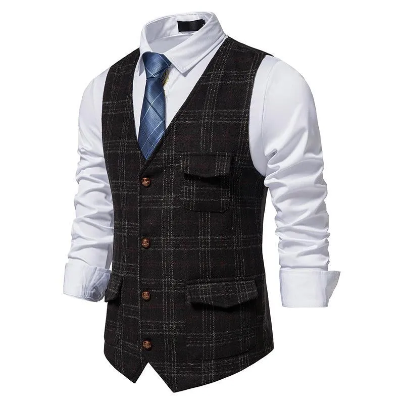 Men's Vintage Check Breast Pocket Collarless Vest 51861612Y