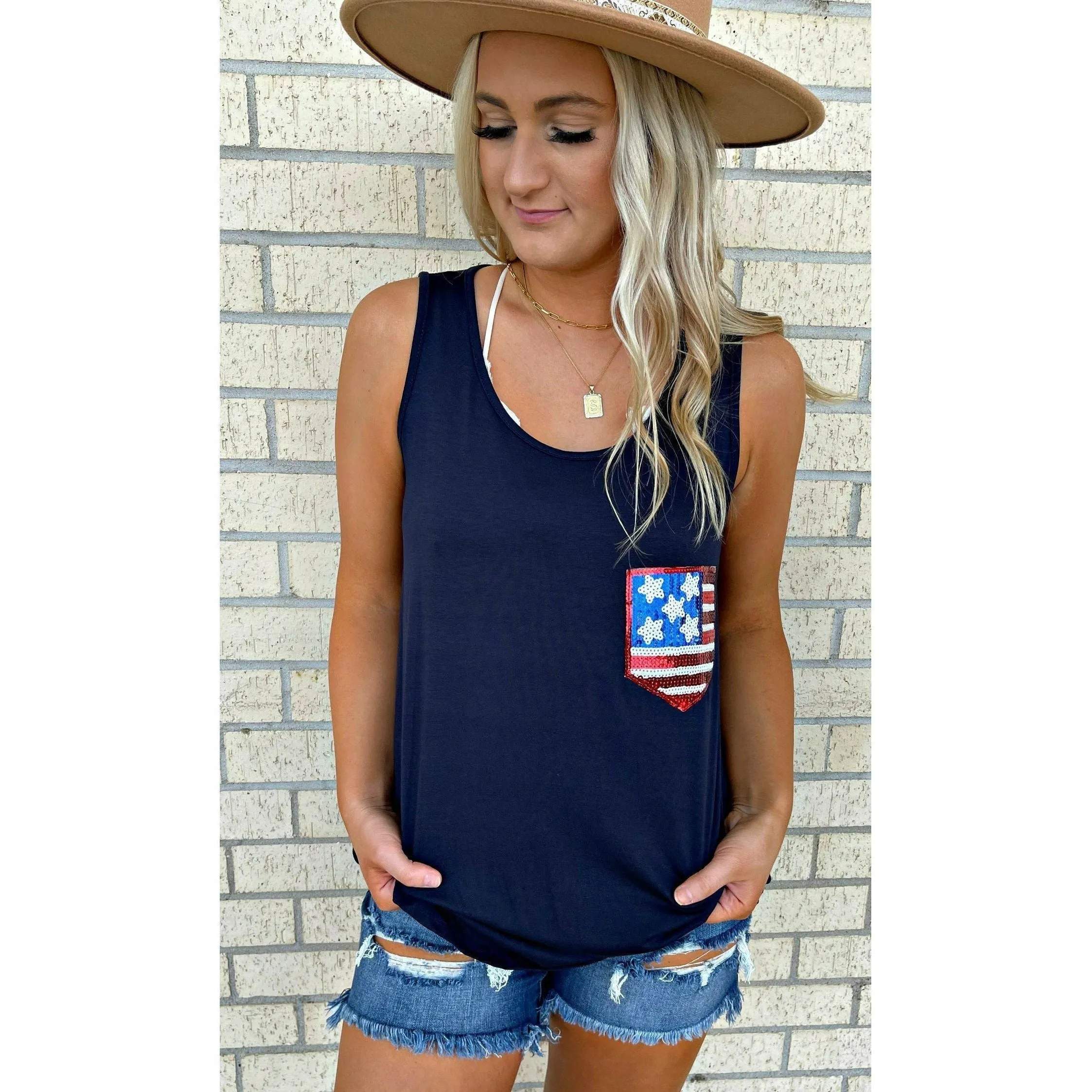 Nellie Navy Sequin Flag  Tank Top