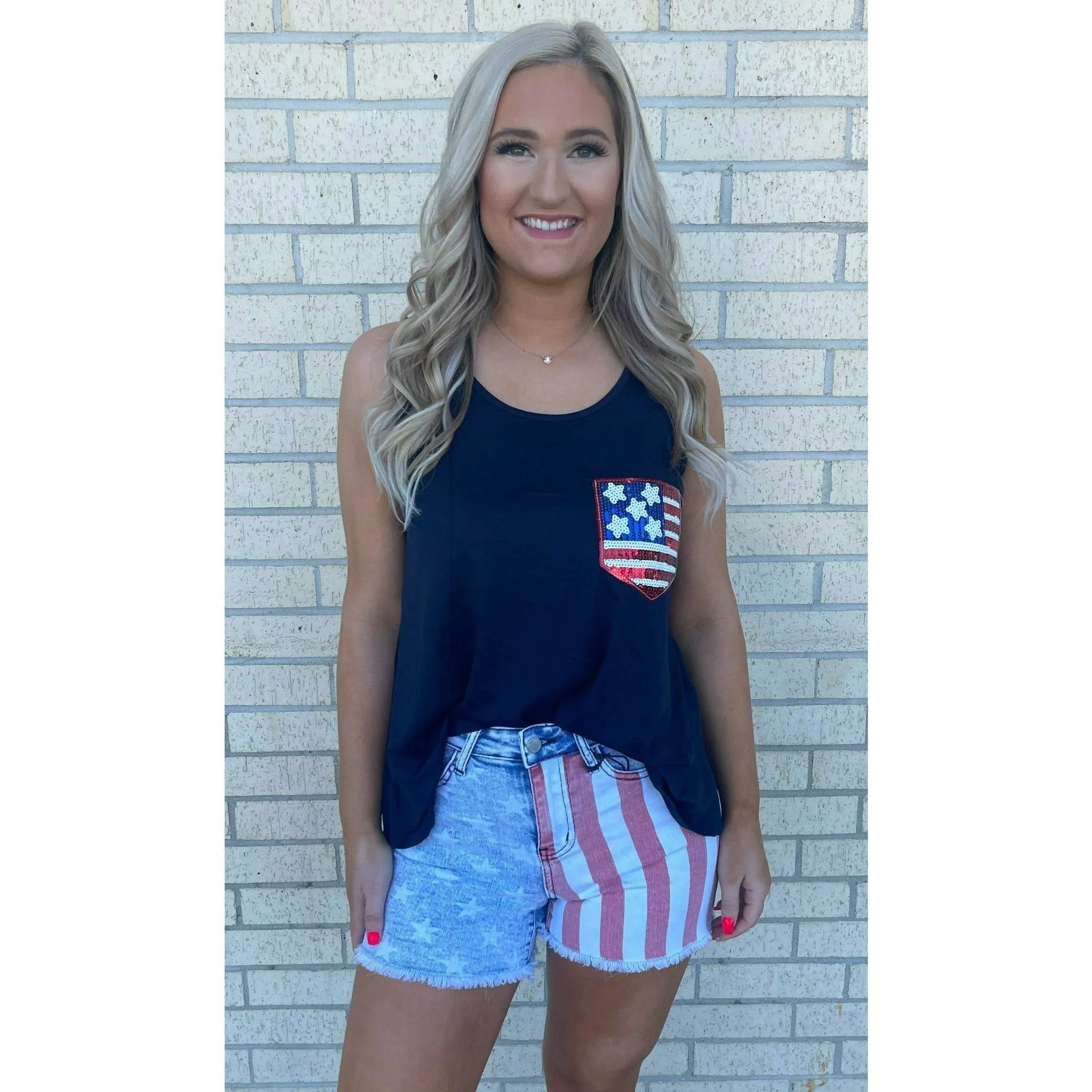 Nellie Navy Sequin Flag  Tank Top