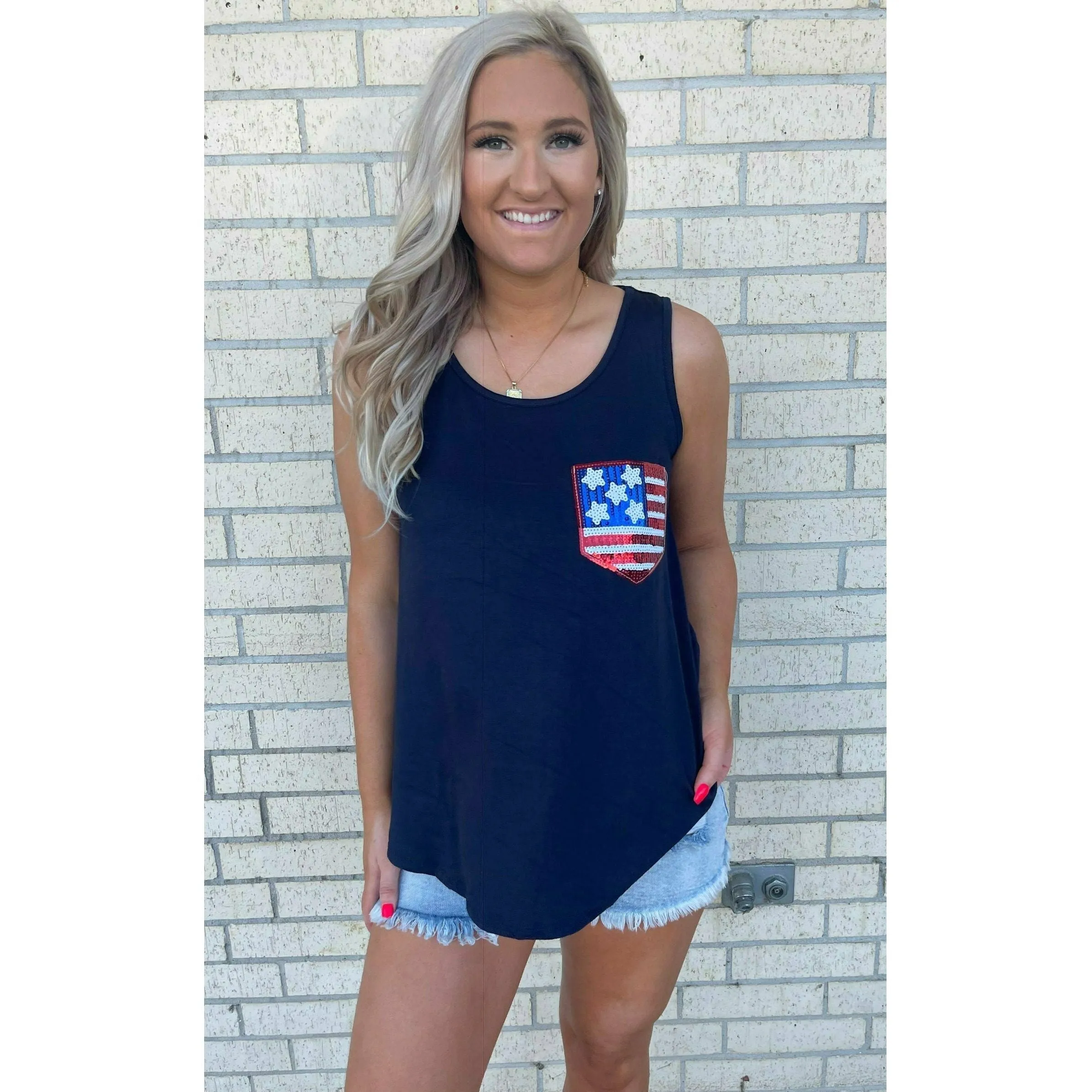 Nellie Navy Sequin Flag  Tank Top