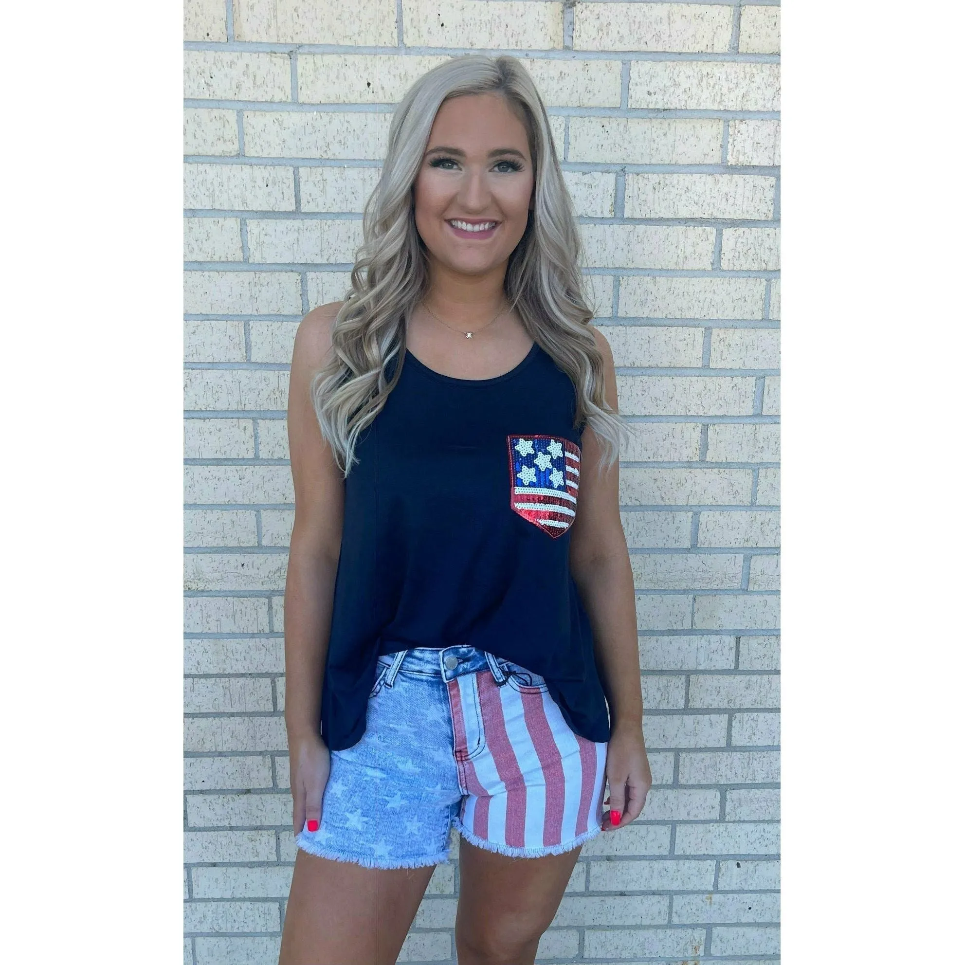 Nellie Navy Sequin Flag  Tank Top