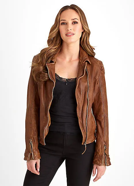 New Women's Hugo Crossover Stylish Brown Quilt Shoulder Moto Real Leather Jacket