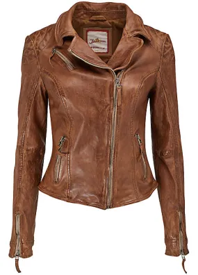 New Women's Hugo Crossover Stylish Brown Quilt Shoulder Moto Real Leather Jacket