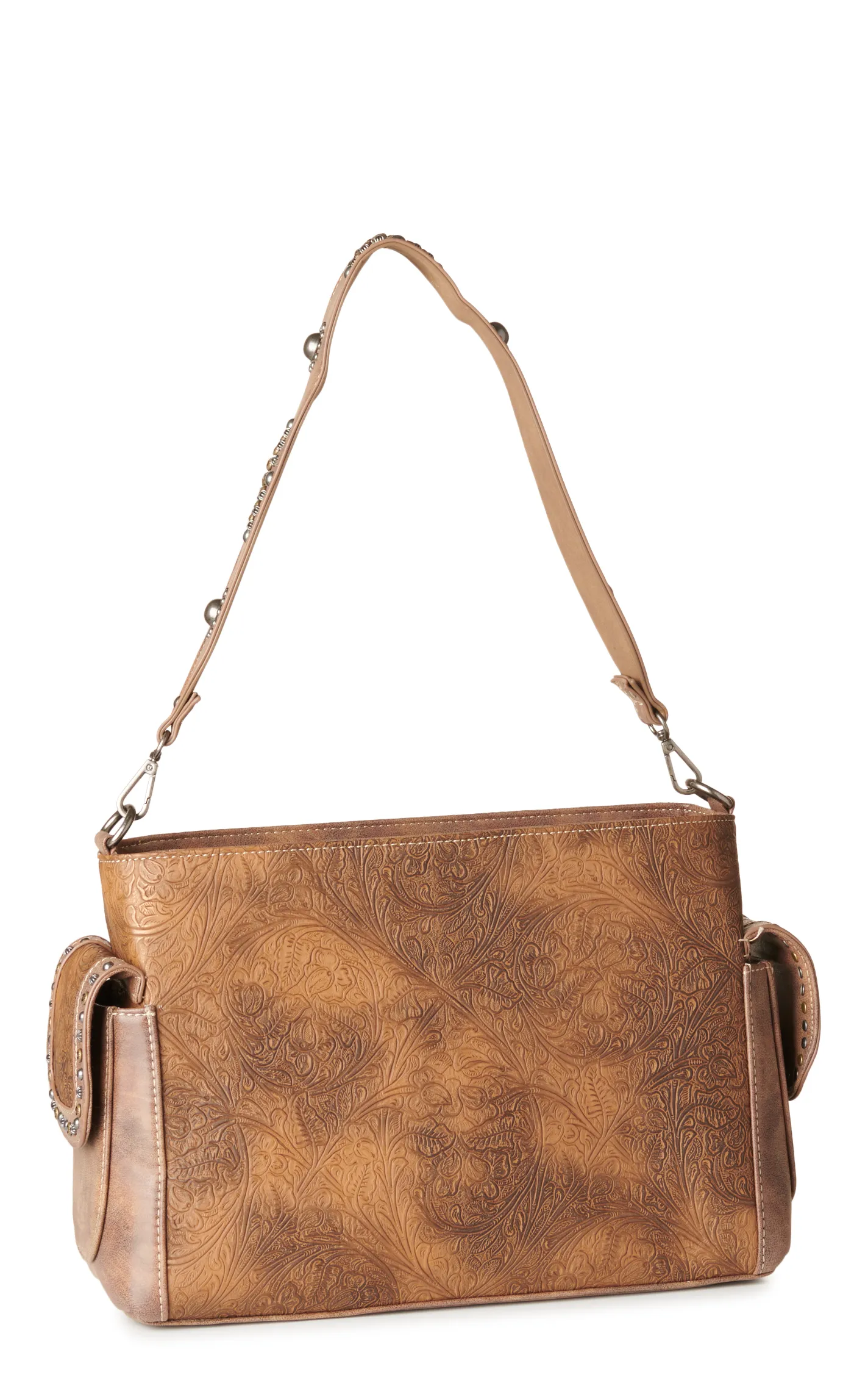 Nocona Ophelia Shades of Coffee Tooled Floral Studded Accents Attachable Shoulder Strap Bag