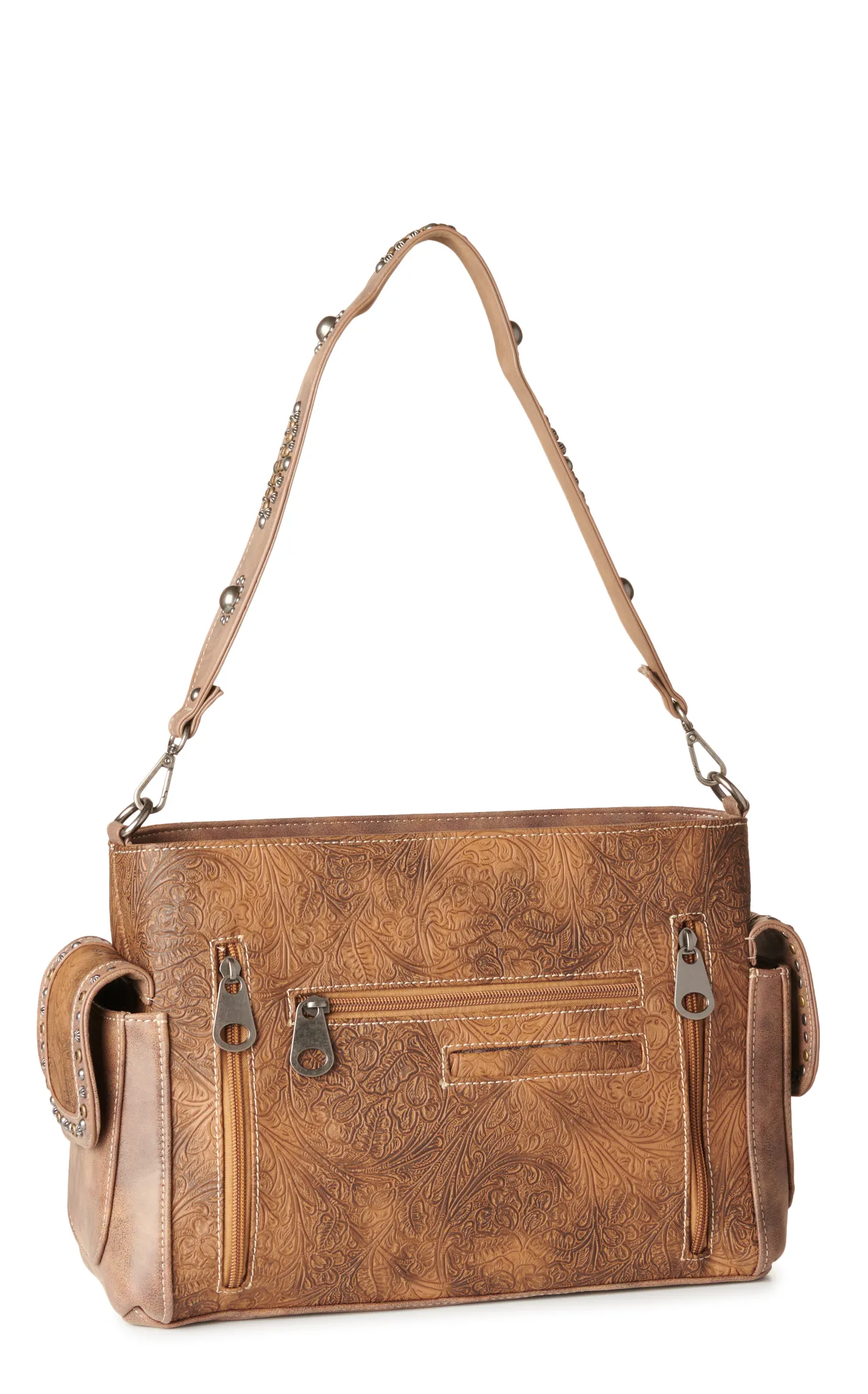 Nocona Ophelia Shades of Coffee Tooled Floral Studded Accents Attachable Shoulder Strap Bag