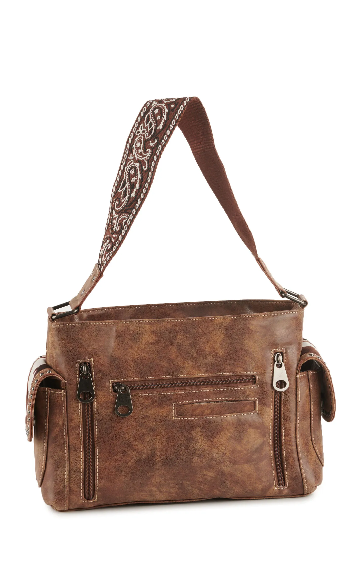 Nocona Women’s Tan & Soft Cow Print Leather with Paisley Embroidery Over the Shoulder Bag