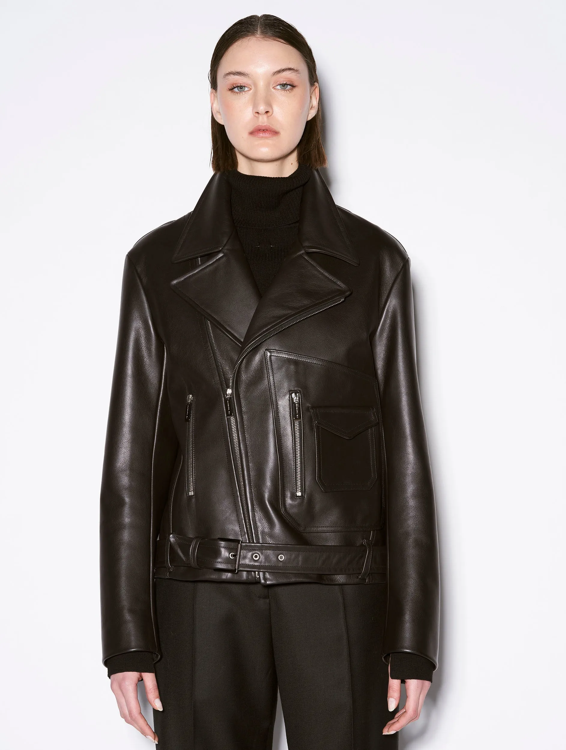 Oversized black leather biker jacket