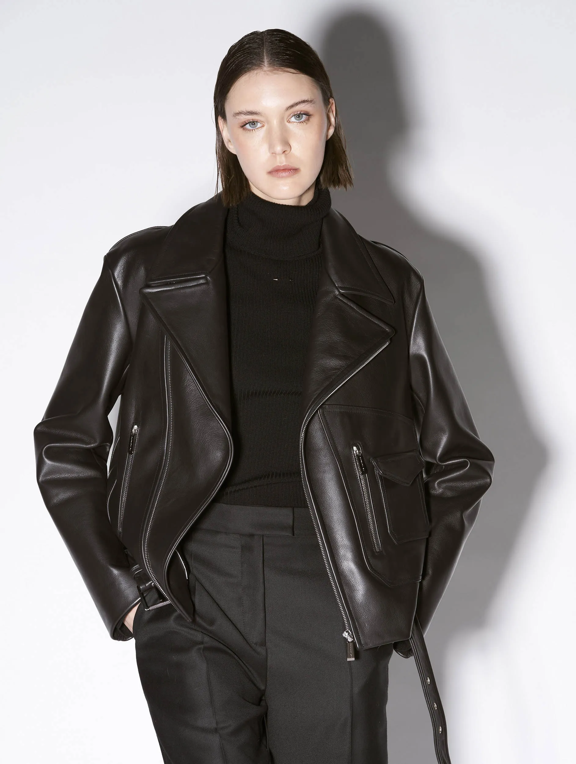 Oversized black leather biker jacket