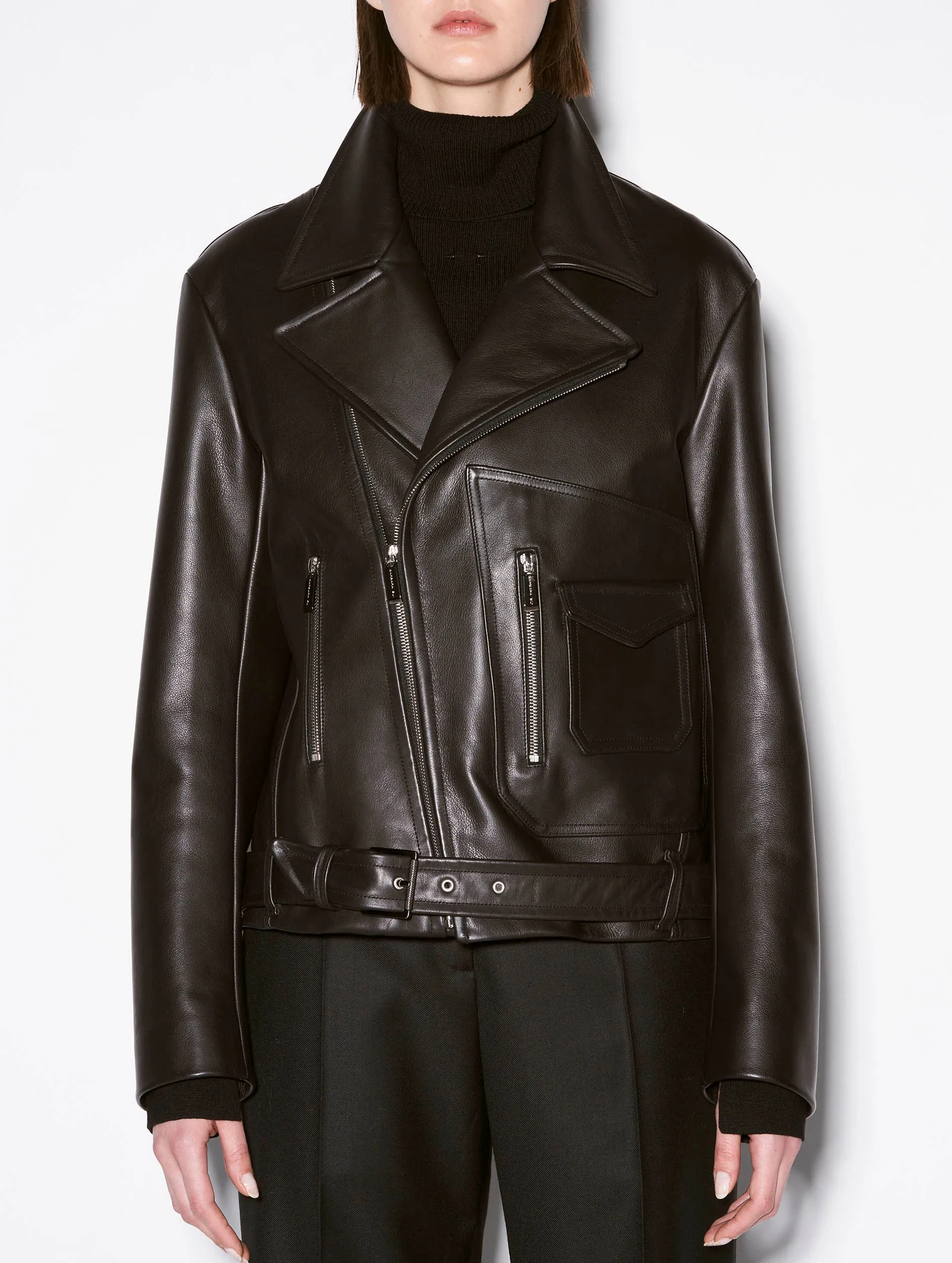 Oversized black leather biker jacket