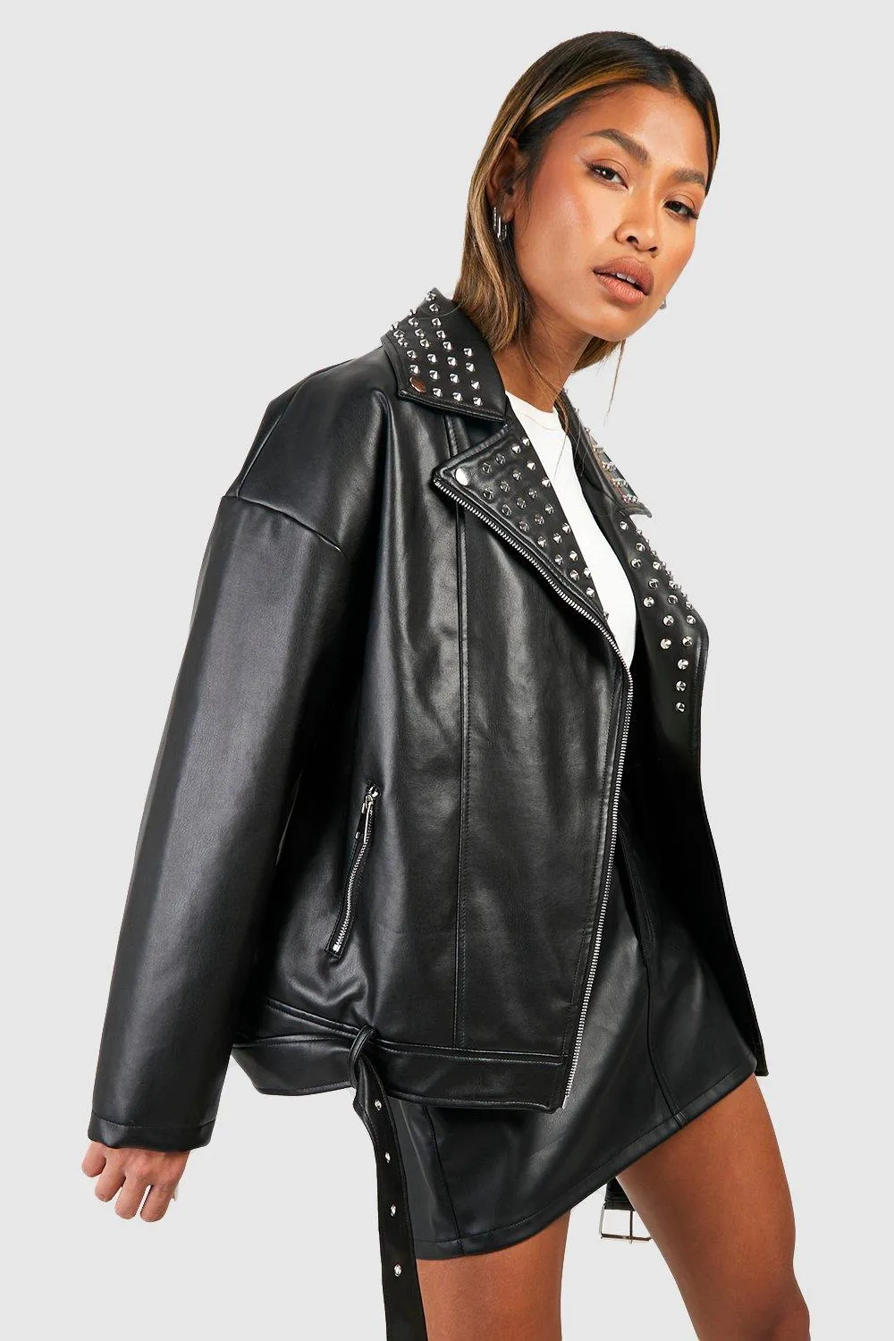 Oversized Studded Faux Leather Moto Jacket