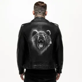 Printed Bear Studded Leather Jacket