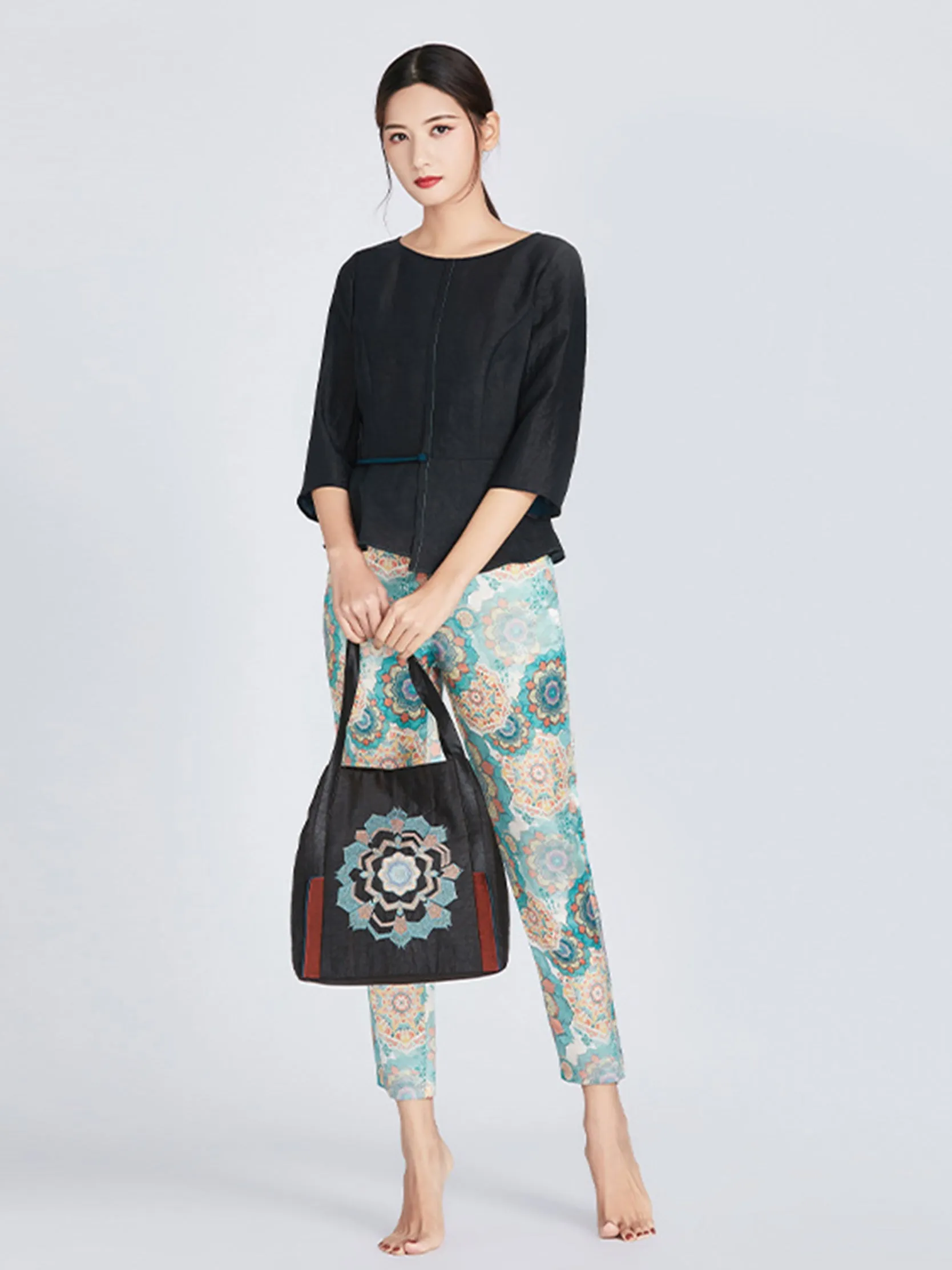 Printed Silk-Linen Satin Trousers