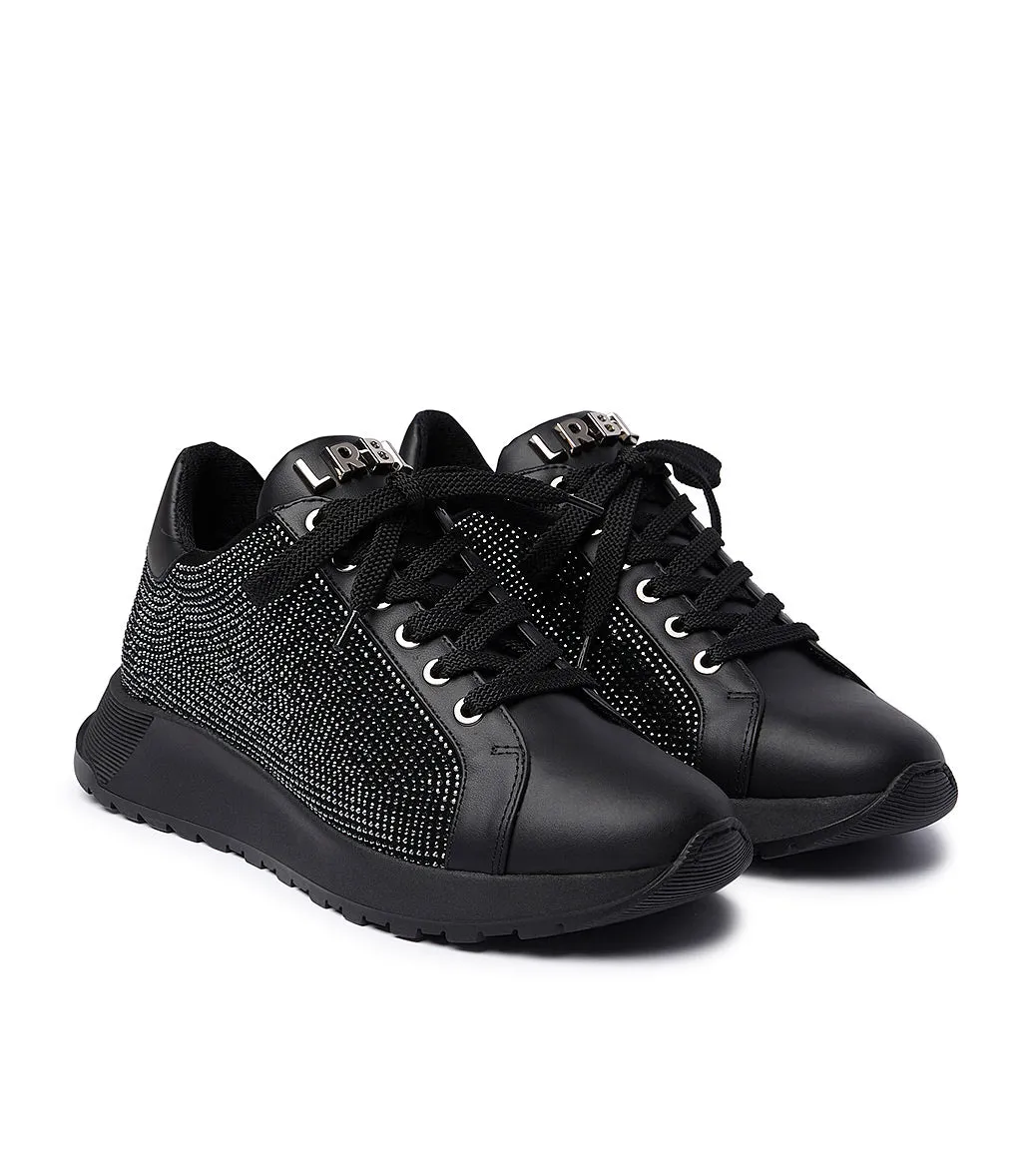 Rhinestoned black leather sneakers