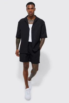 Short Sleeve Drop Revere Textured Shirt And Short Set | boohooMAN UK