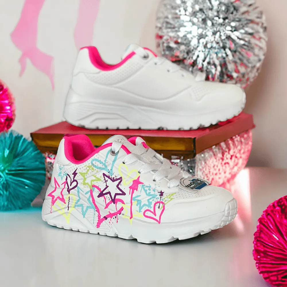 Skechers Girls Uno Lite White Multi "Graffiti" Trainers