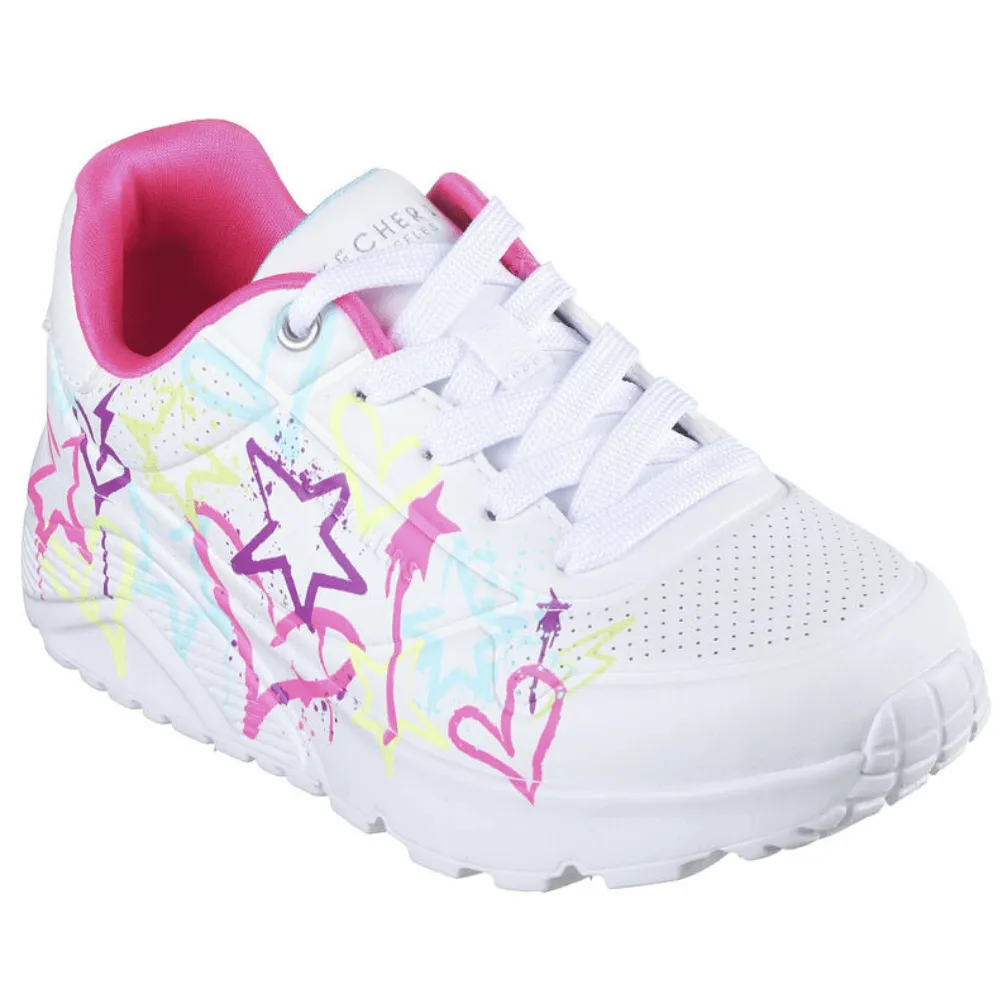 Skechers Girls Uno Lite White Multi "Graffiti" Trainers