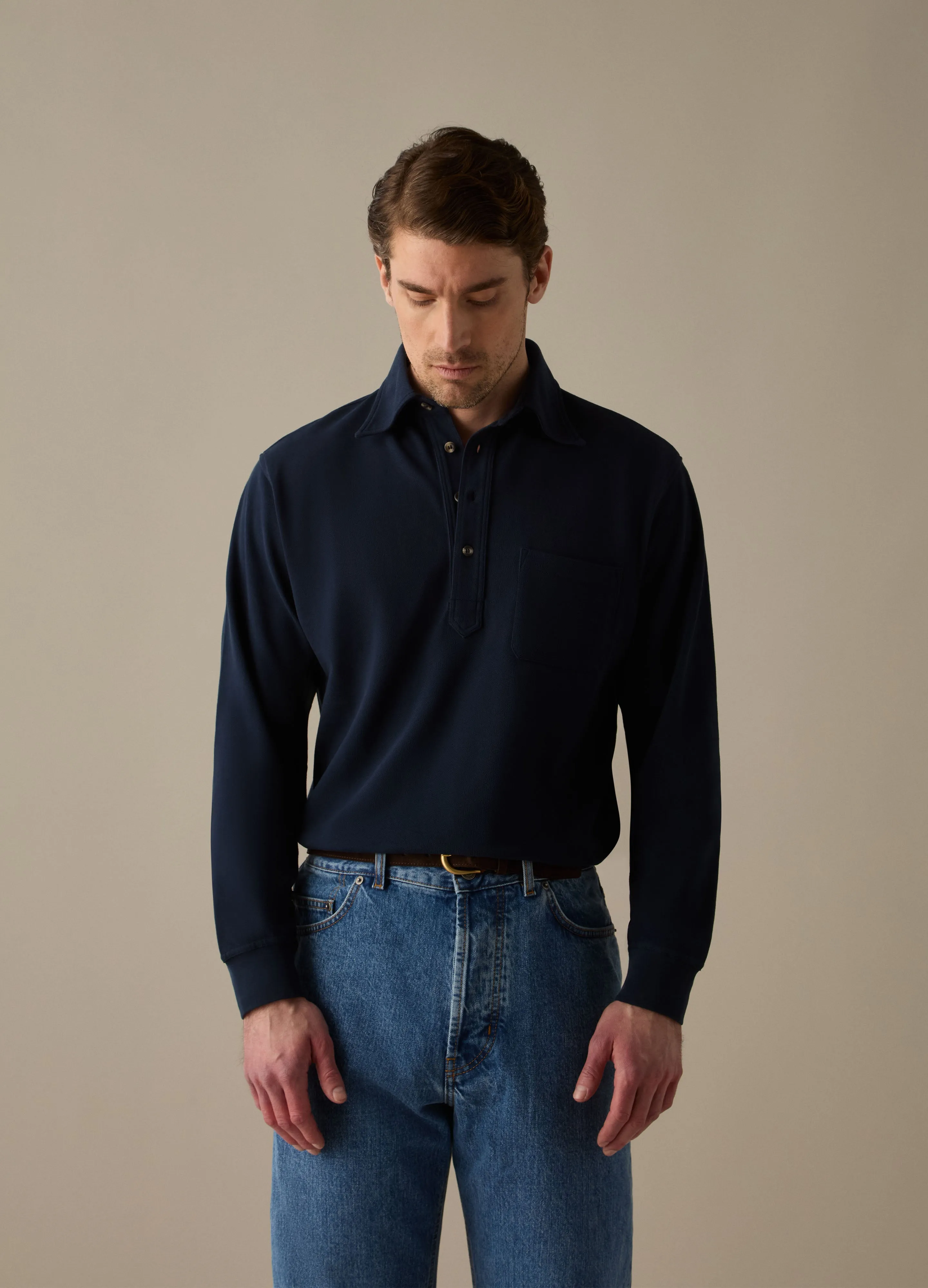 Teddy Long Sleeve Polo Shirt - Navy