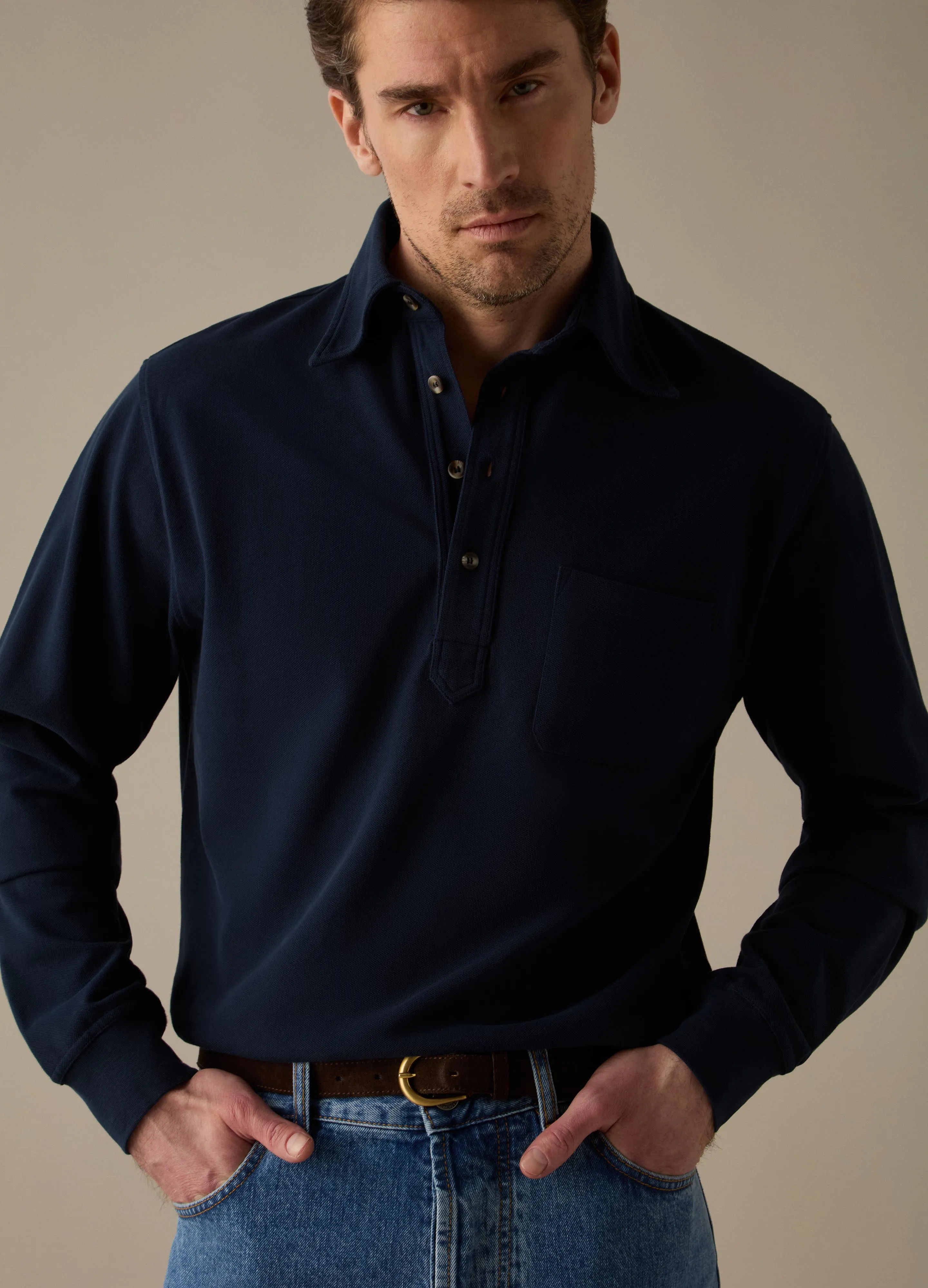 Teddy Long Sleeve Polo Shirt - Navy