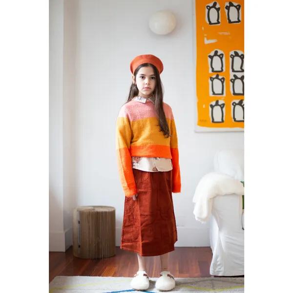 Wander & Wonder Tri-Color Ribbed Cuff & Hem Pullover, Tangerine Combo