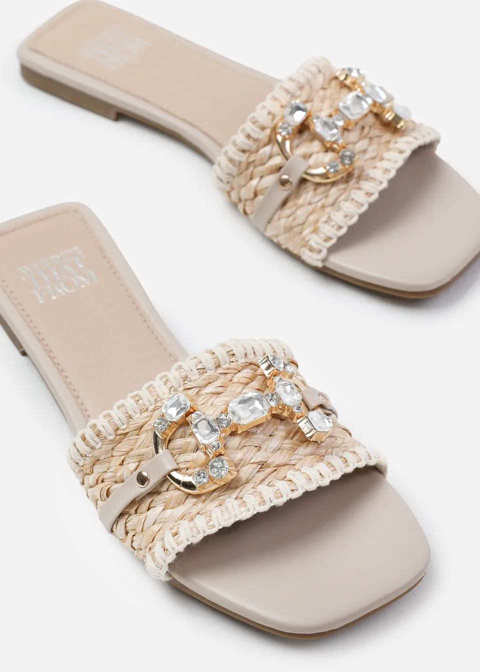 Where's That From Align Jewel Detail Flat Sandals Beige Raffia