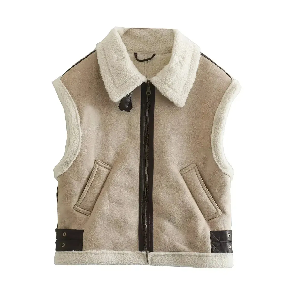 Women Vest 2023 Autumn Winter Stitching Lambswool Imitation Leather Vest Coat