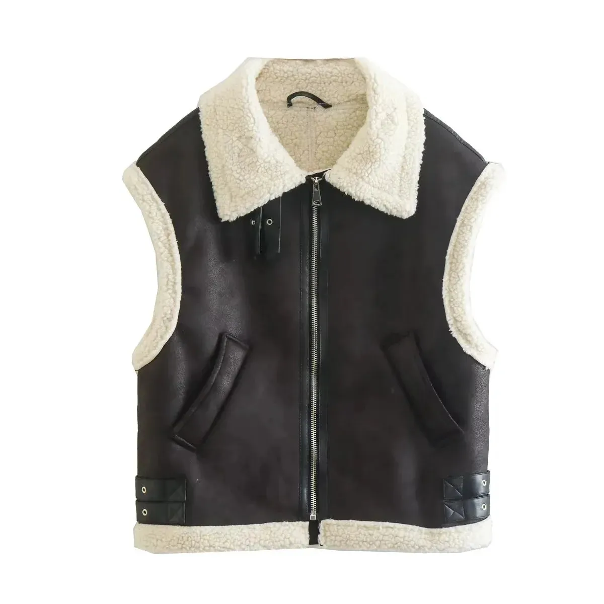 Women Vest 2023 Autumn Winter Stitching Lambswool Imitation Leather Vest Coat