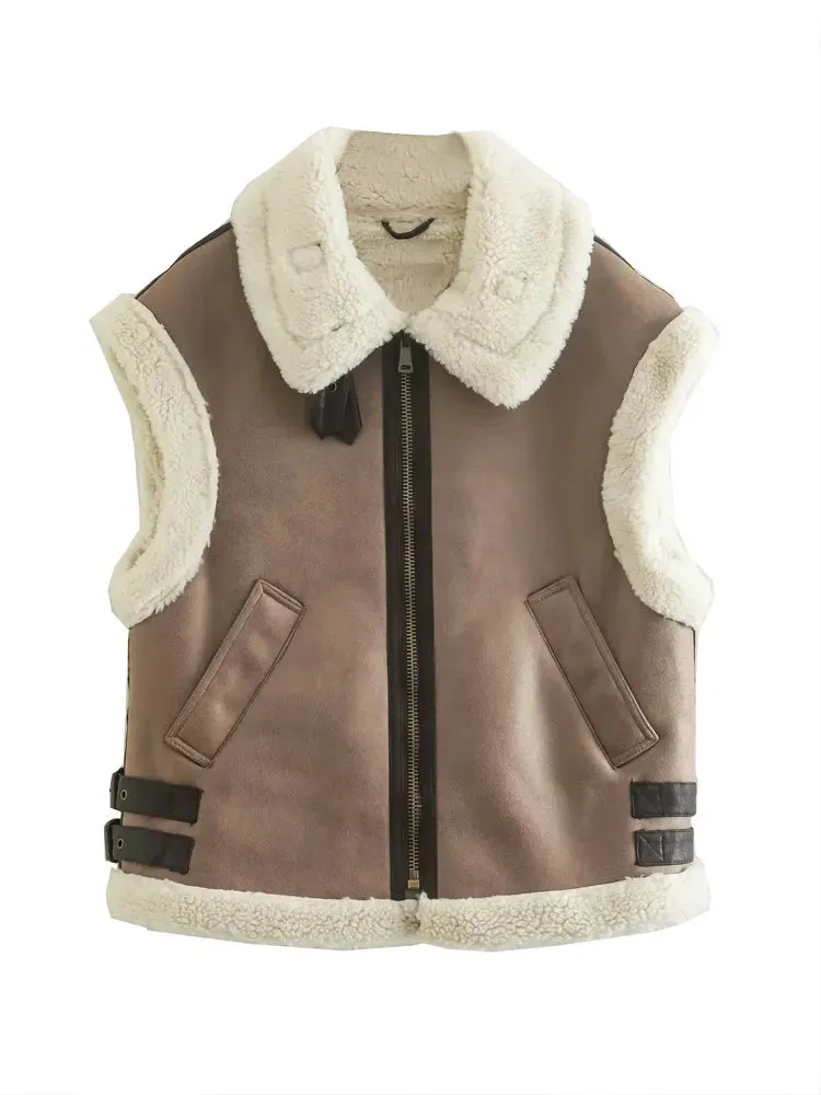 Women Vest 2023 Autumn Winter Stitching Lambswool Imitation Leather Vest Coat