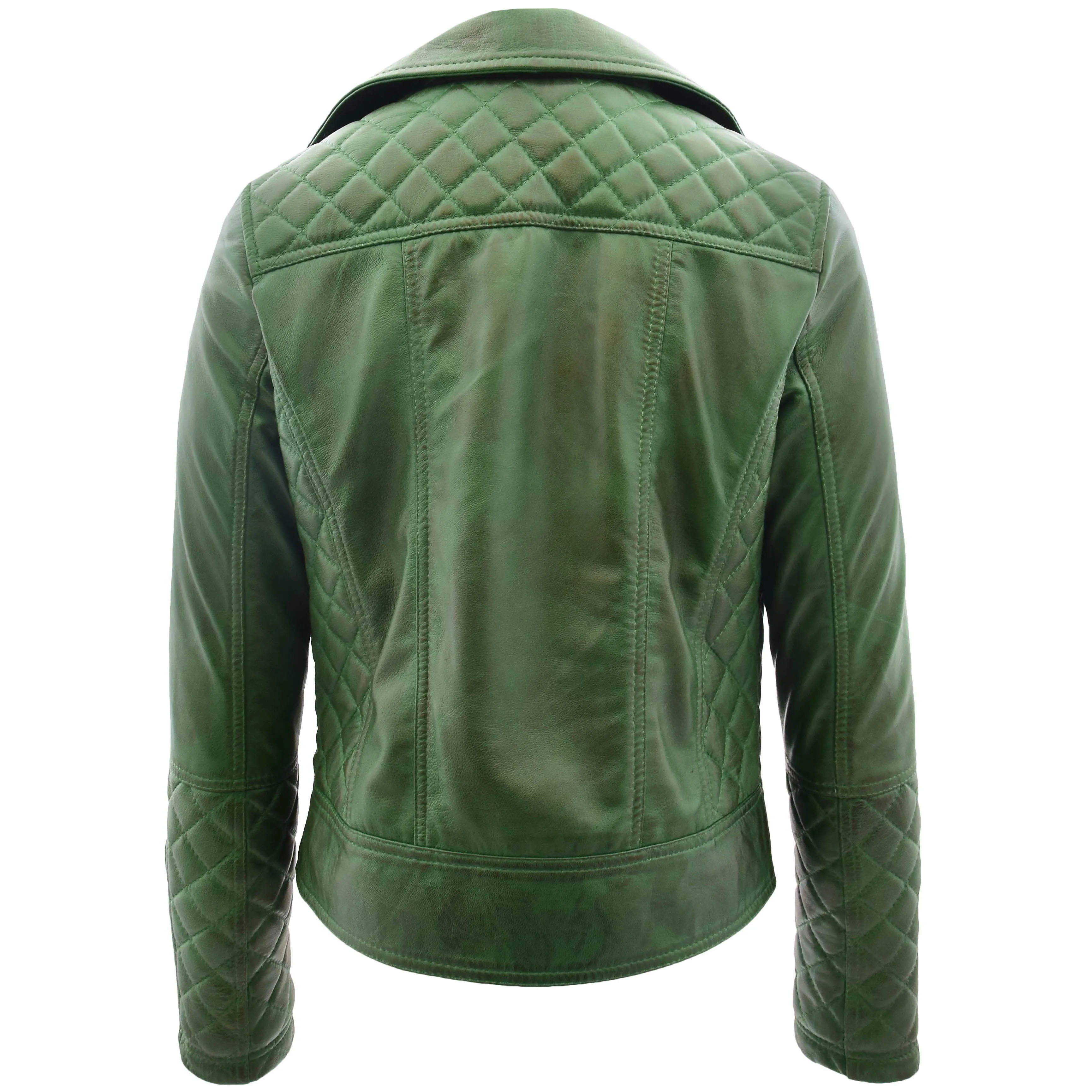 Womens Leather Biker Jacket with Quilt Detail Ziva Green