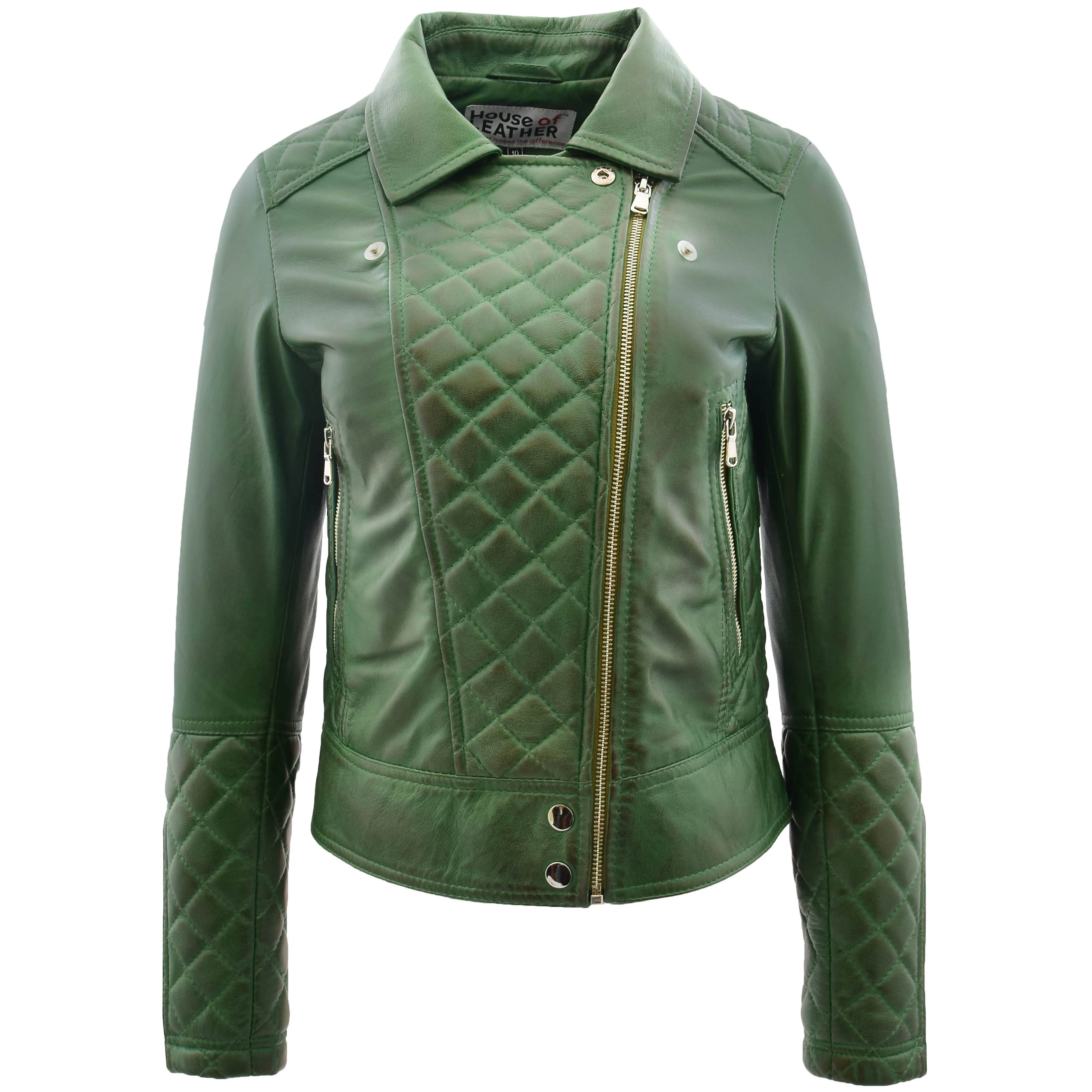 Womens Leather Biker Jacket with Quilt Detail Ziva Green