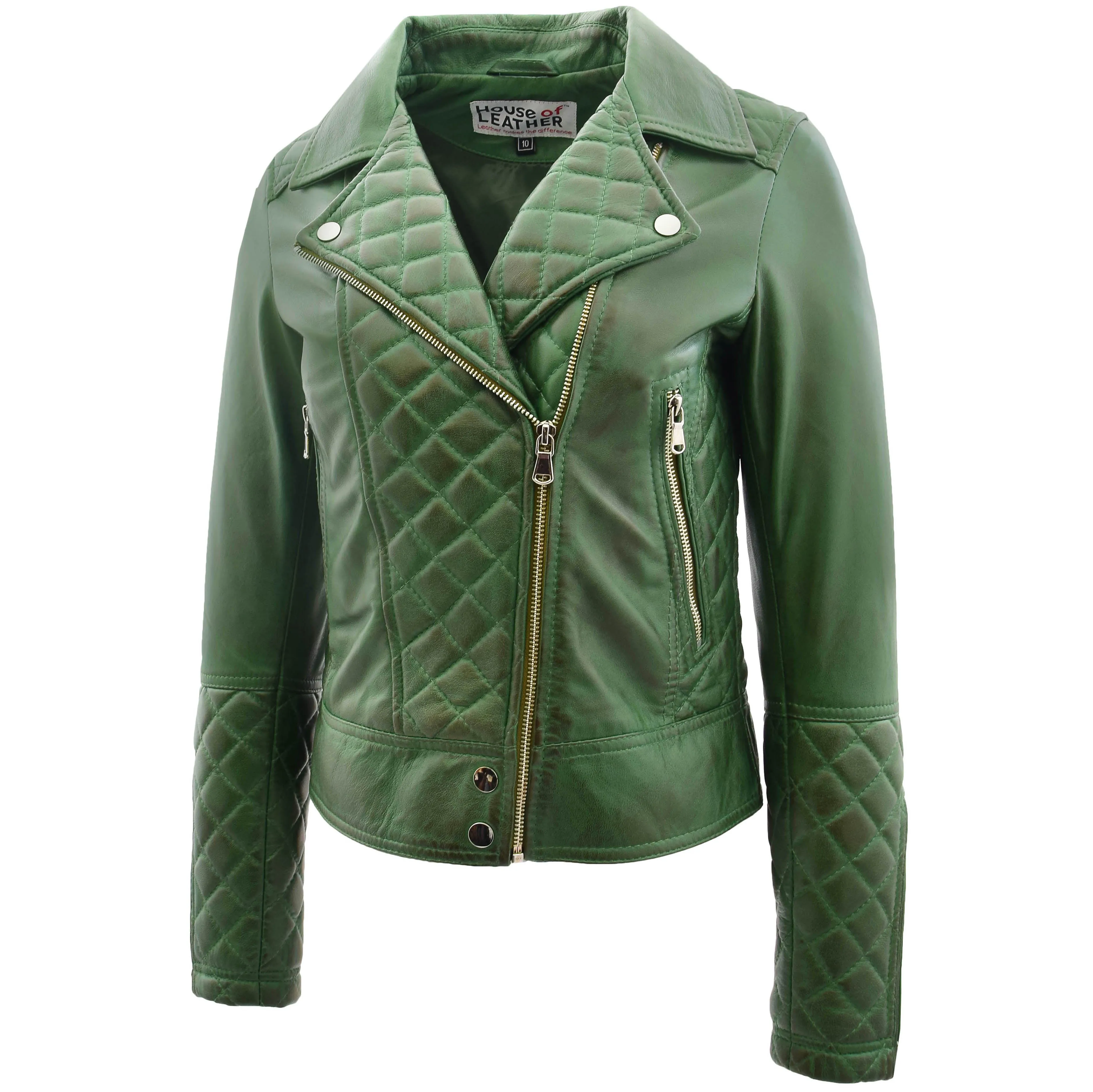 Womens Leather Biker Jacket with Quilt Detail Ziva Green