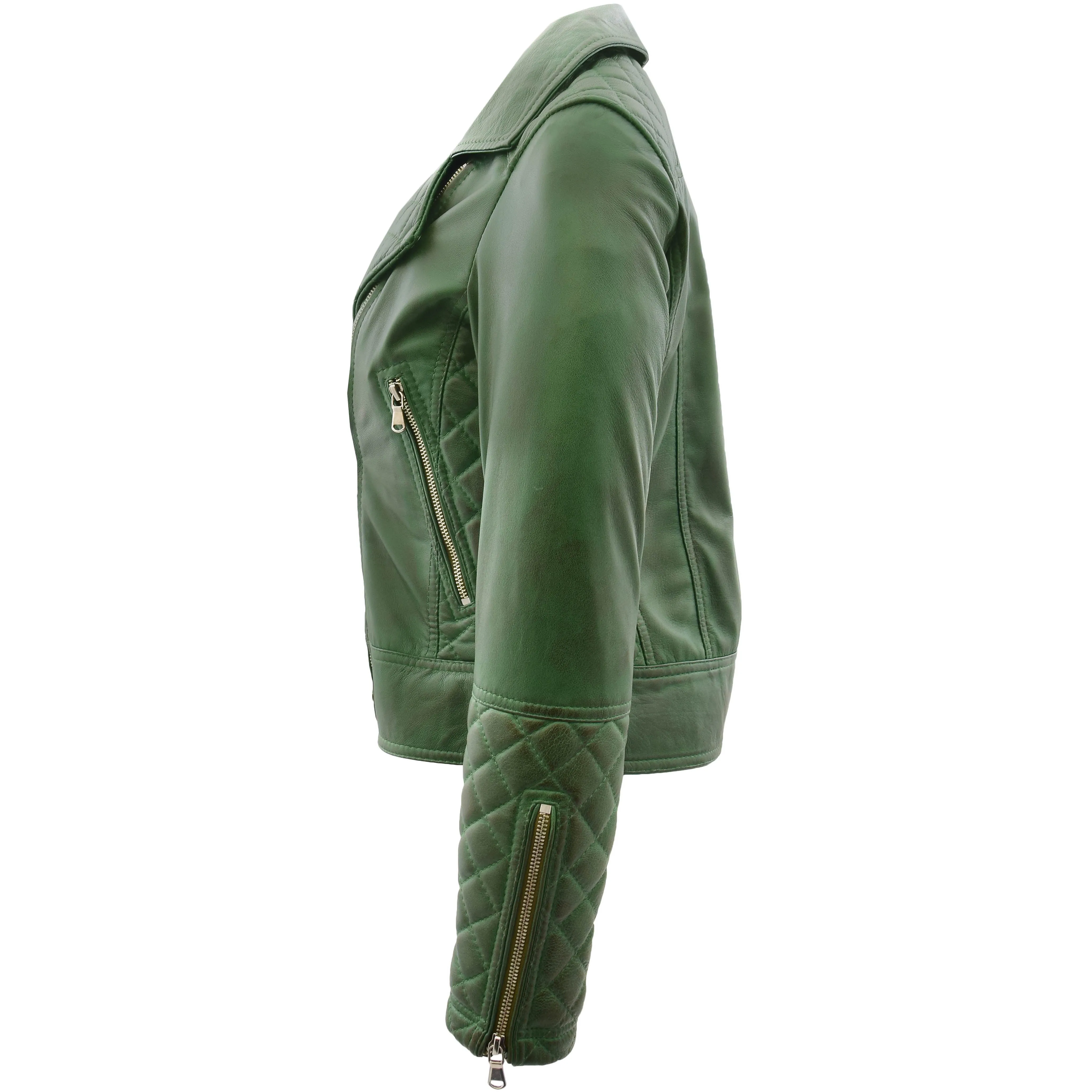 Womens Leather Biker Jacket with Quilt Detail Ziva Green