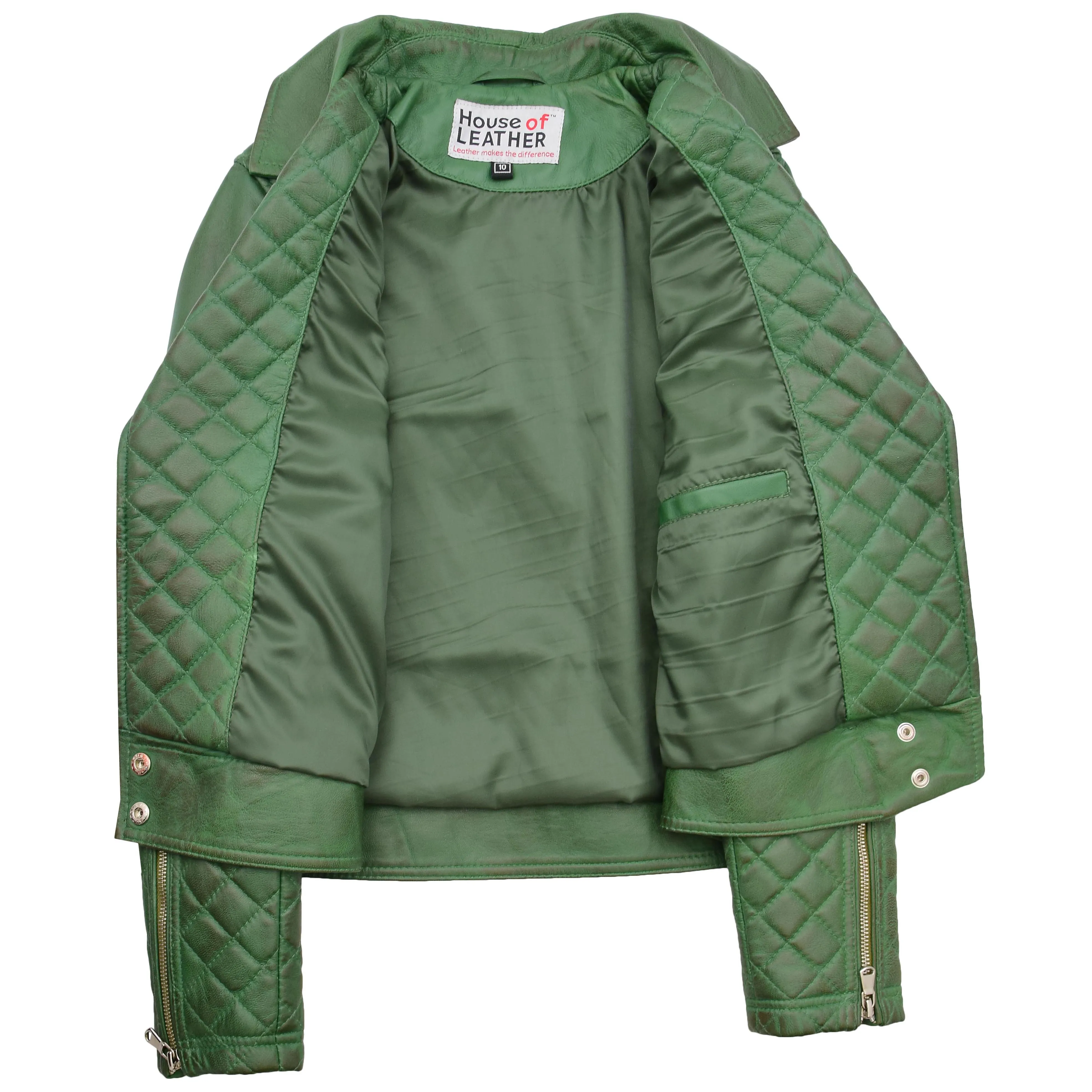 Womens Leather Biker Jacket with Quilt Detail Ziva Green