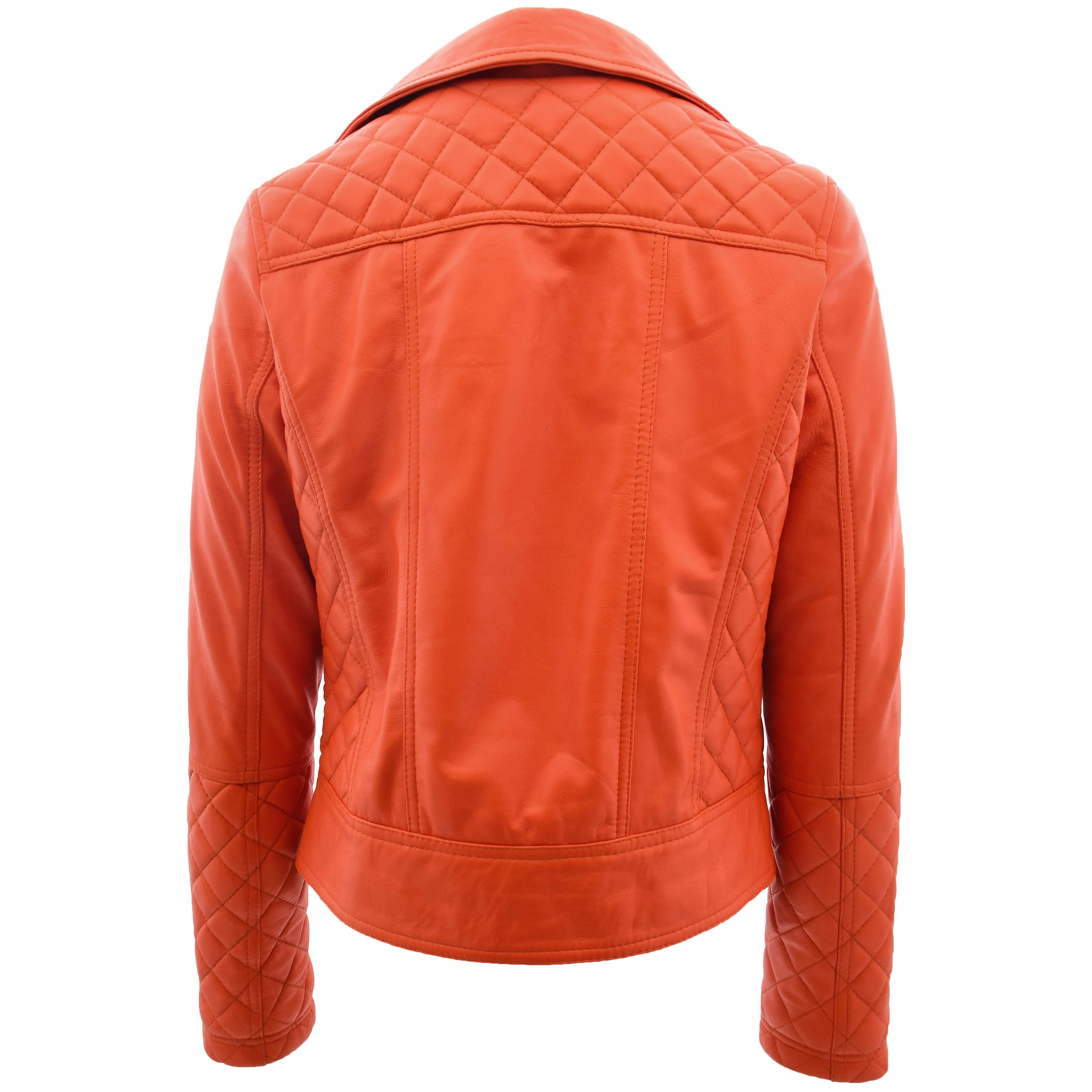 Womens Leather Biker Jacket with Quilt Detail Ziva Orange