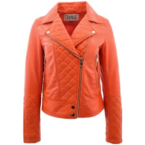 Womens Leather Biker Jacket with Quilt Detail Ziva Orange