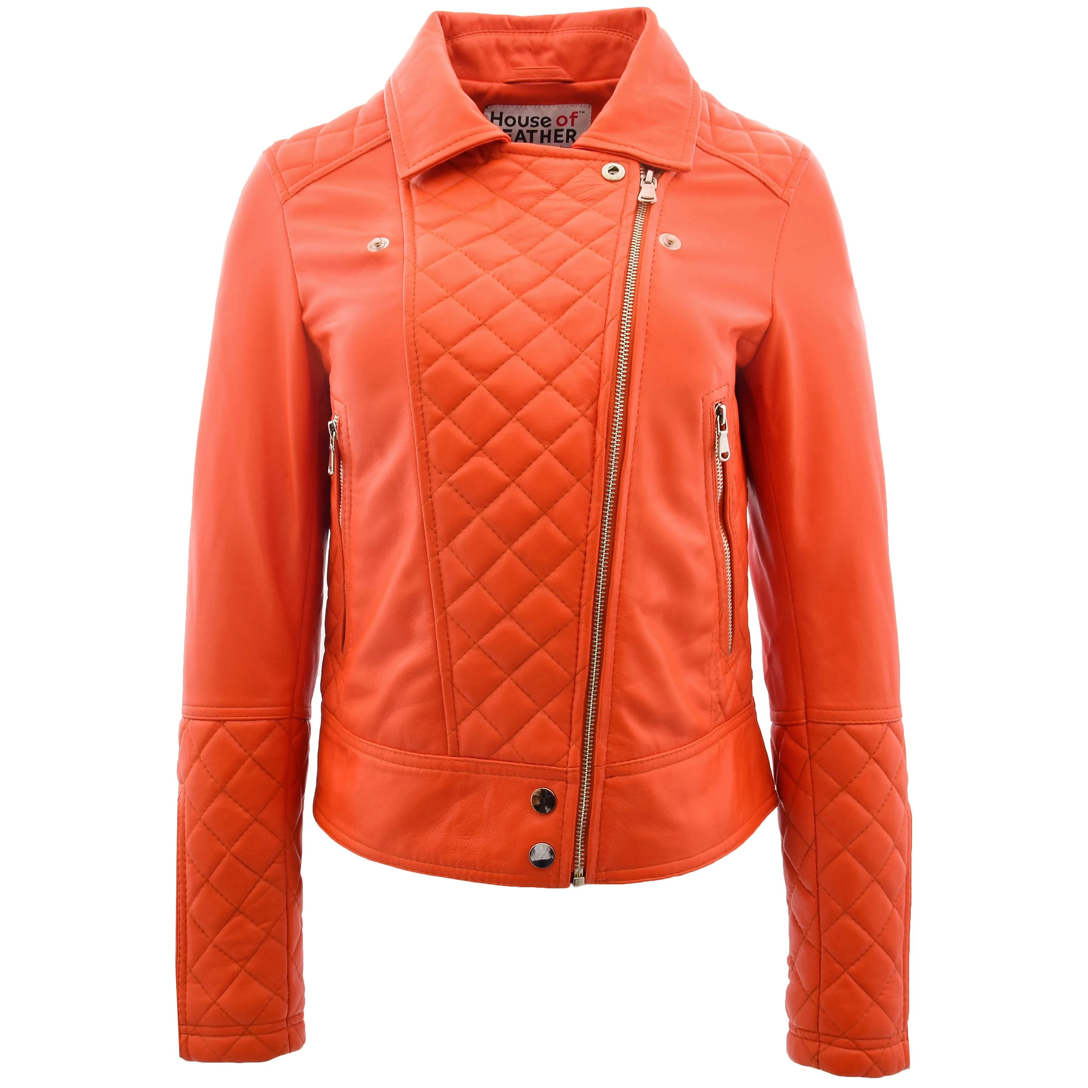 Womens Leather Biker Jacket with Quilt Detail Ziva Orange