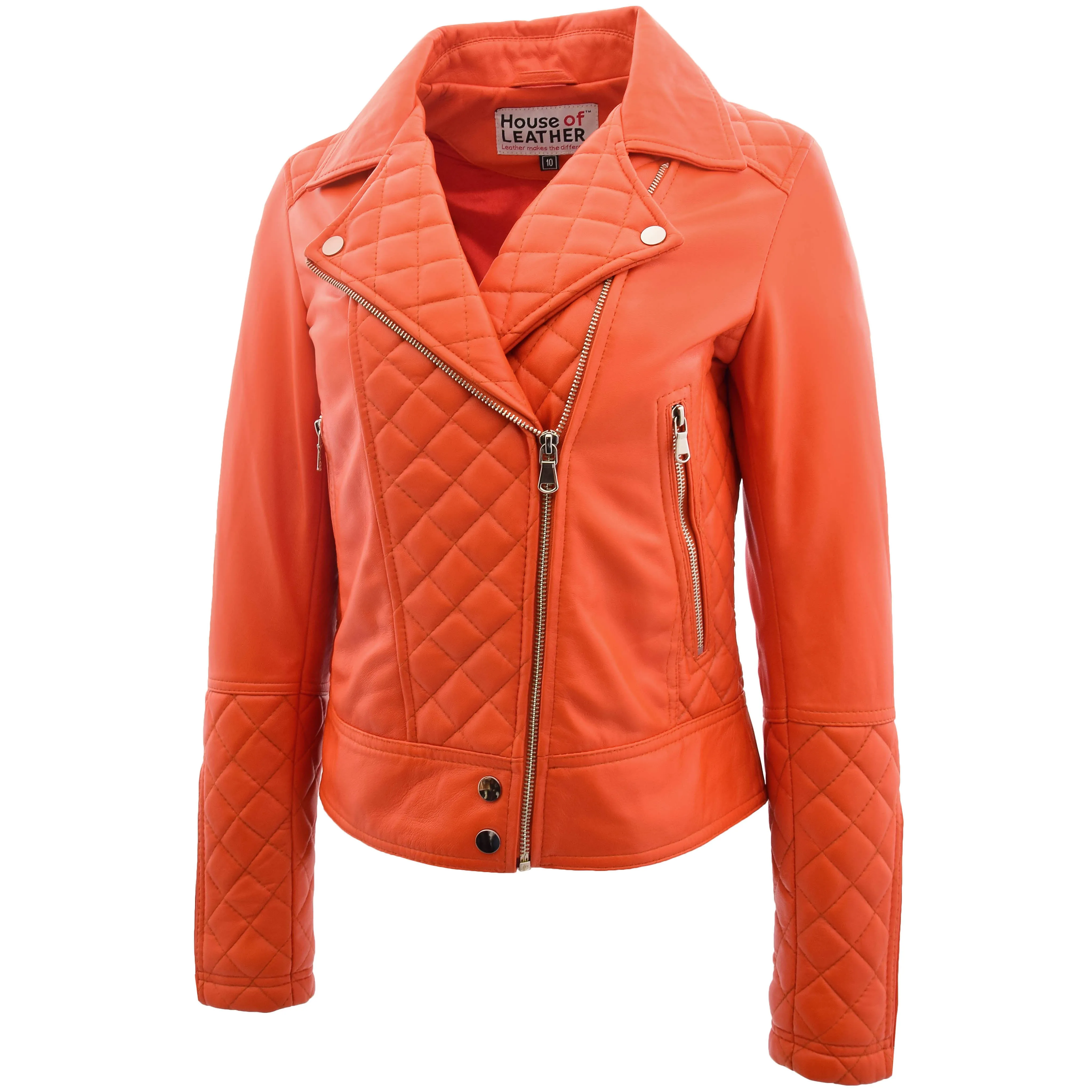 Womens Leather Biker Jacket with Quilt Detail Ziva Orange