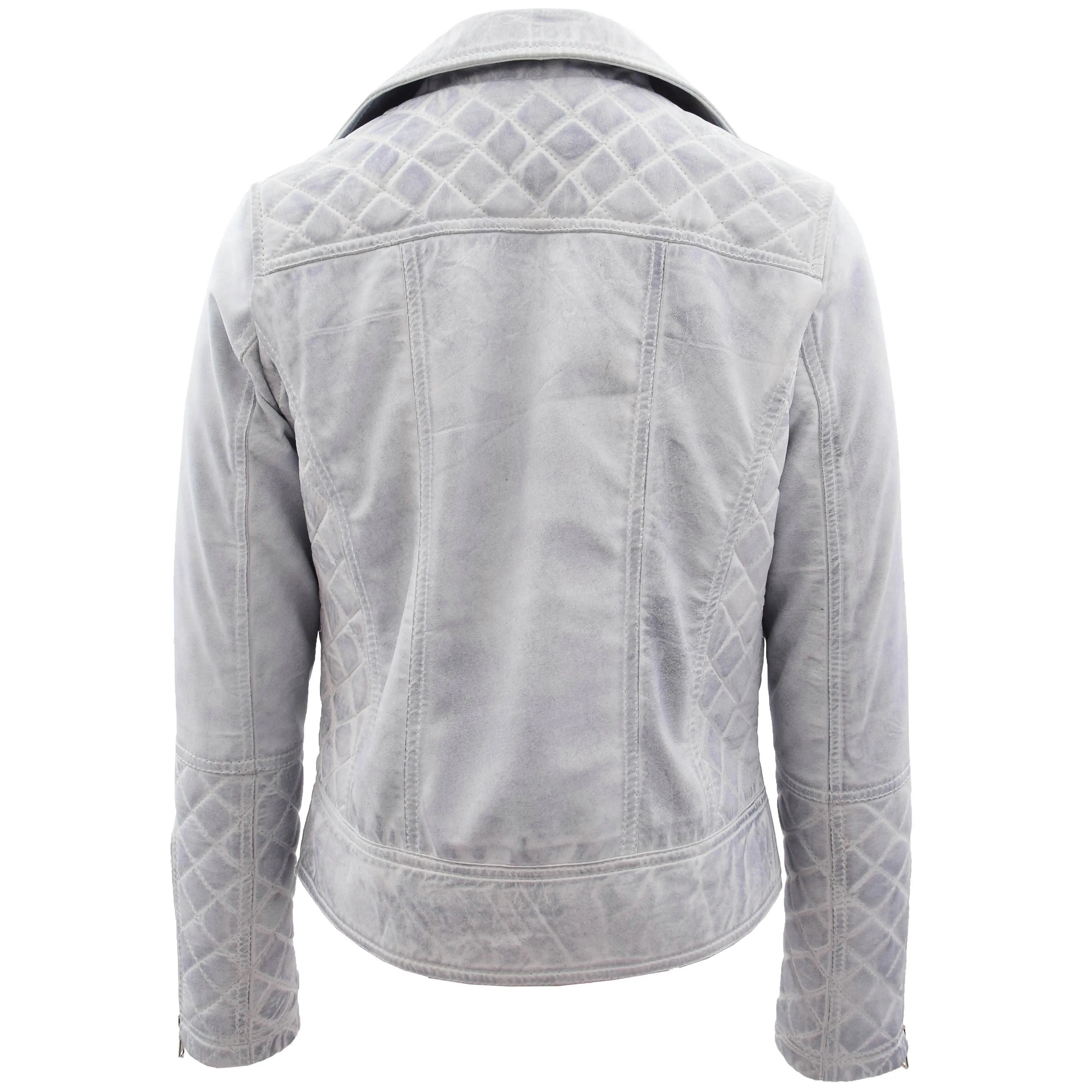 Womens Leather Biker Jacket with Quilt Detail Ziva Vintage White