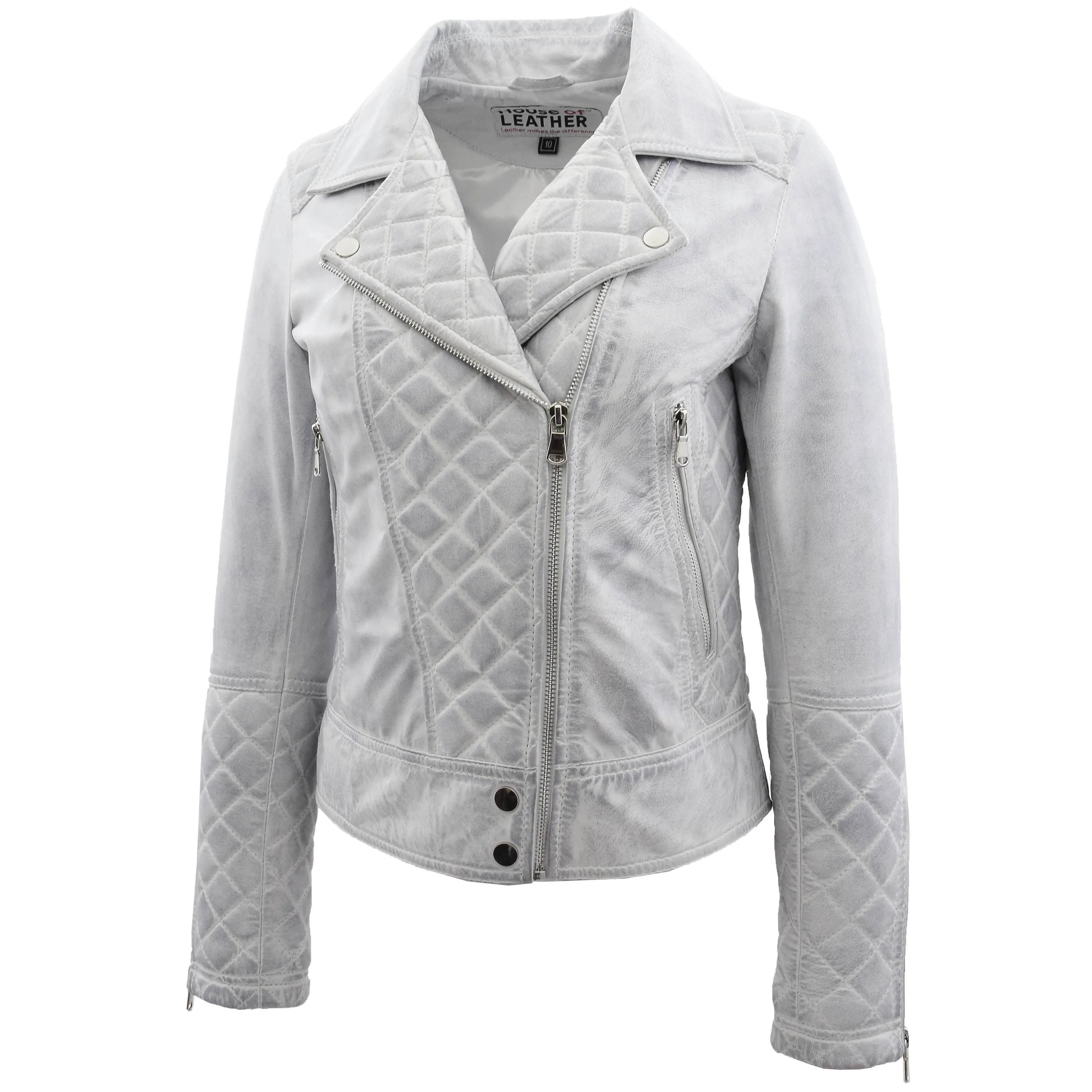 Womens Leather Biker Jacket with Quilt Detail Ziva Vintage White