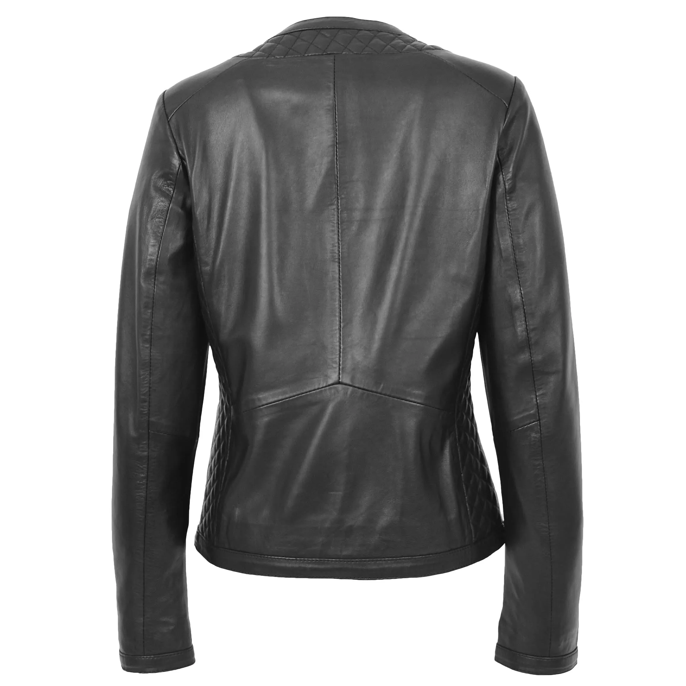 Womens Leather Collarless Jacket with Quilt Design Joan Black