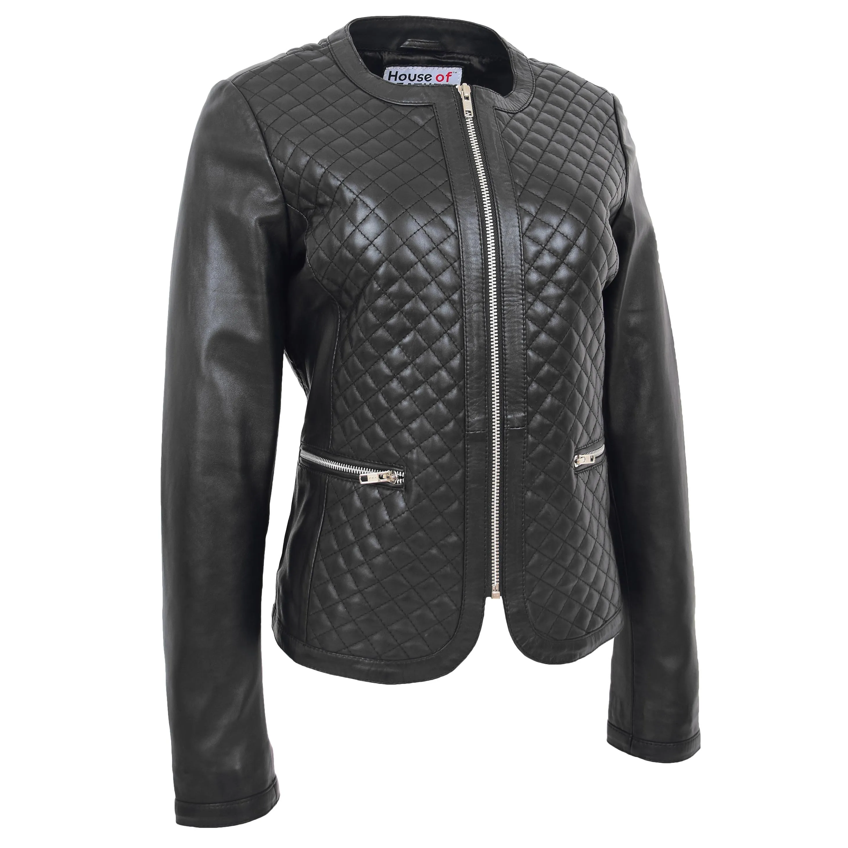 Womens Leather Collarless Jacket with Quilt Design Joan Black