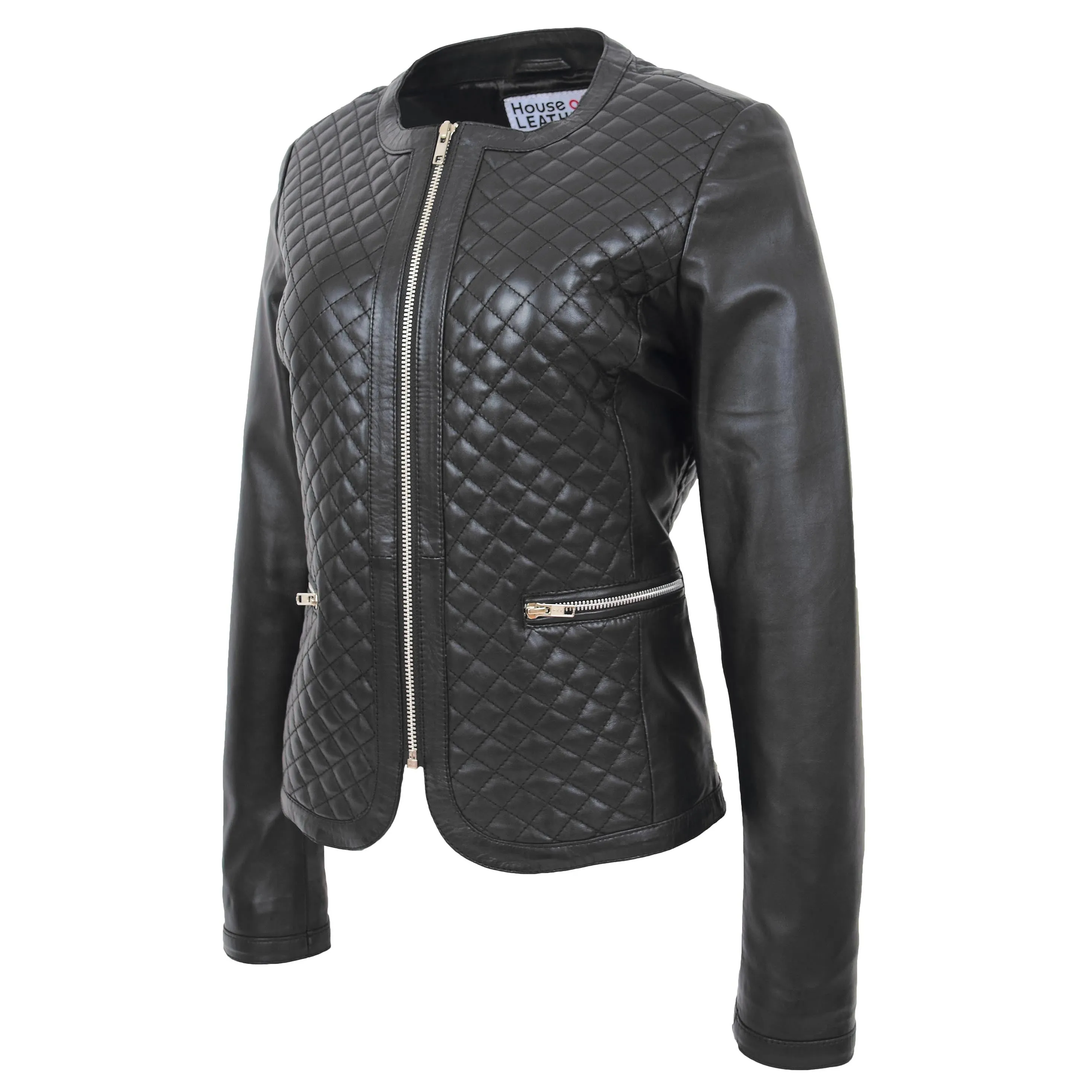 Womens Leather Collarless Jacket with Quilt Design Joan Black