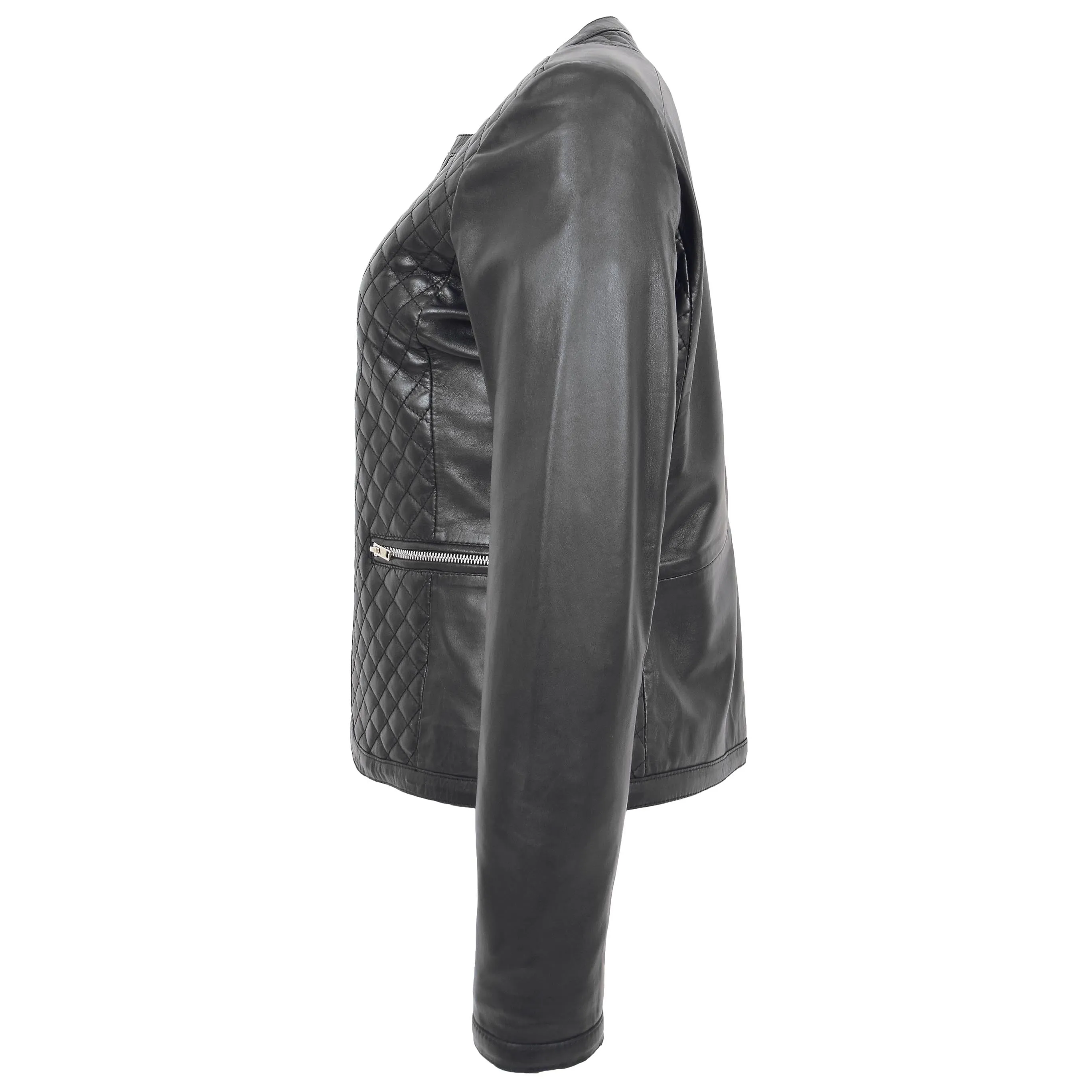 Womens Leather Collarless Jacket with Quilt Design Joan Black