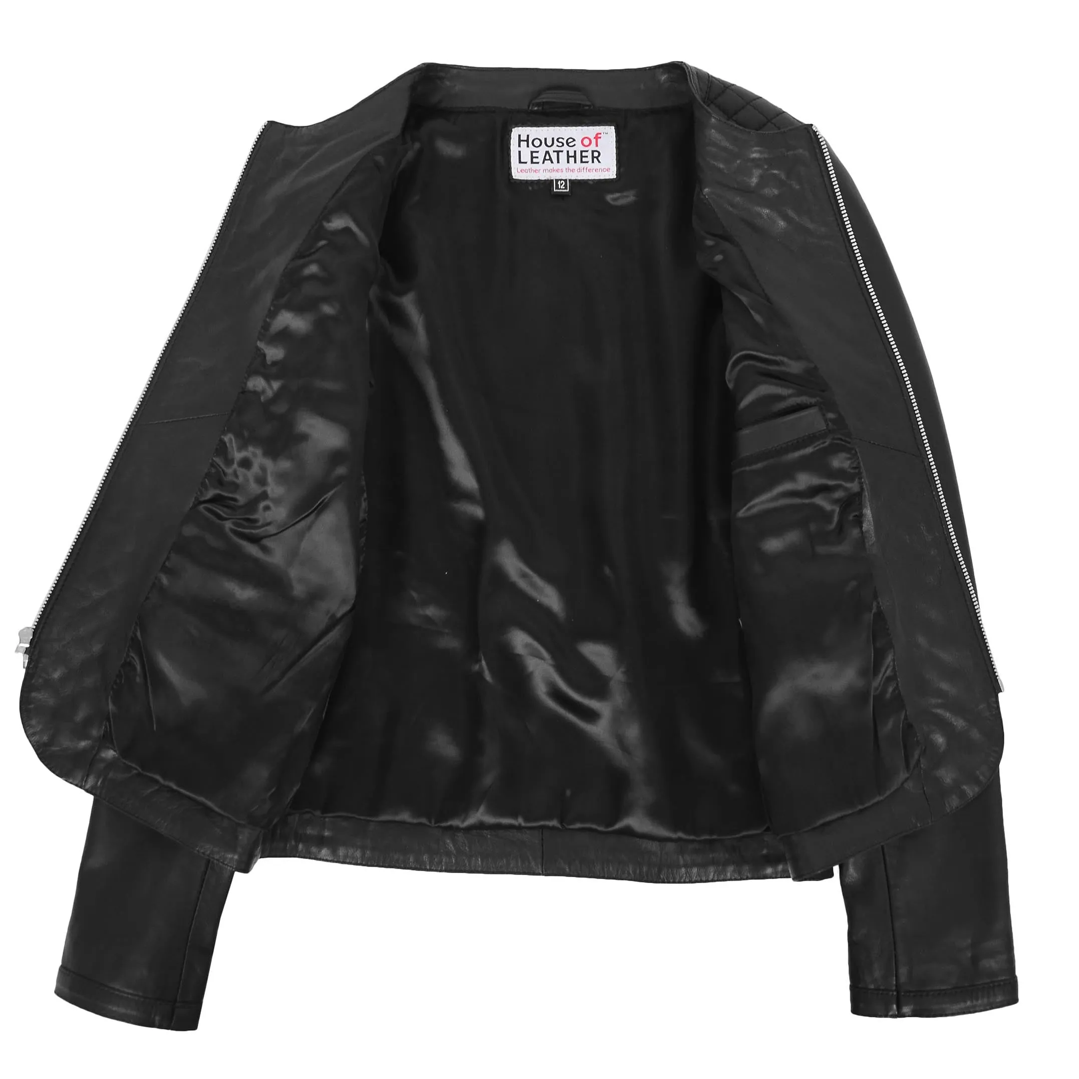 Womens Leather Collarless Jacket with Quilt Design Joan Black