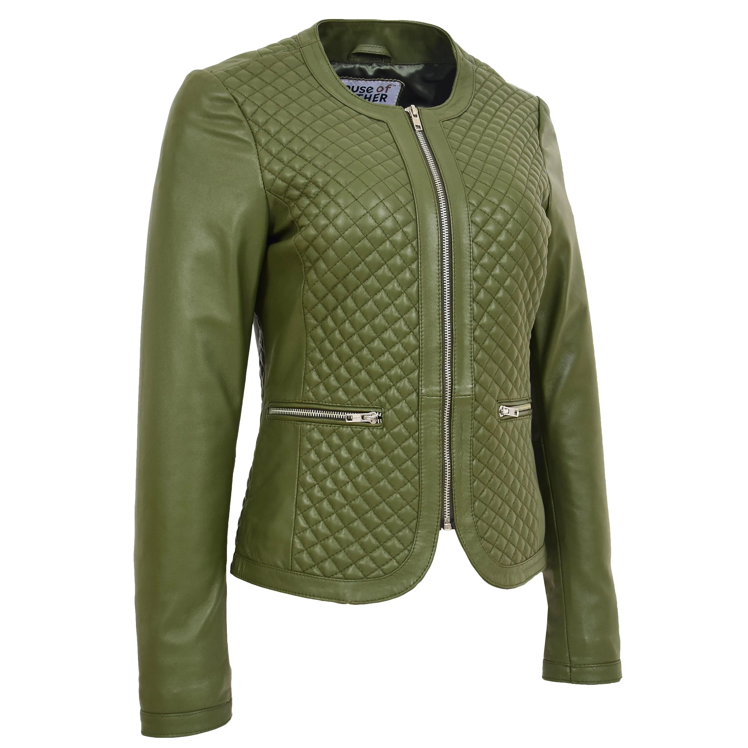 Womens Leather Collarless Jacket with Quilt Design Joan Olive Green