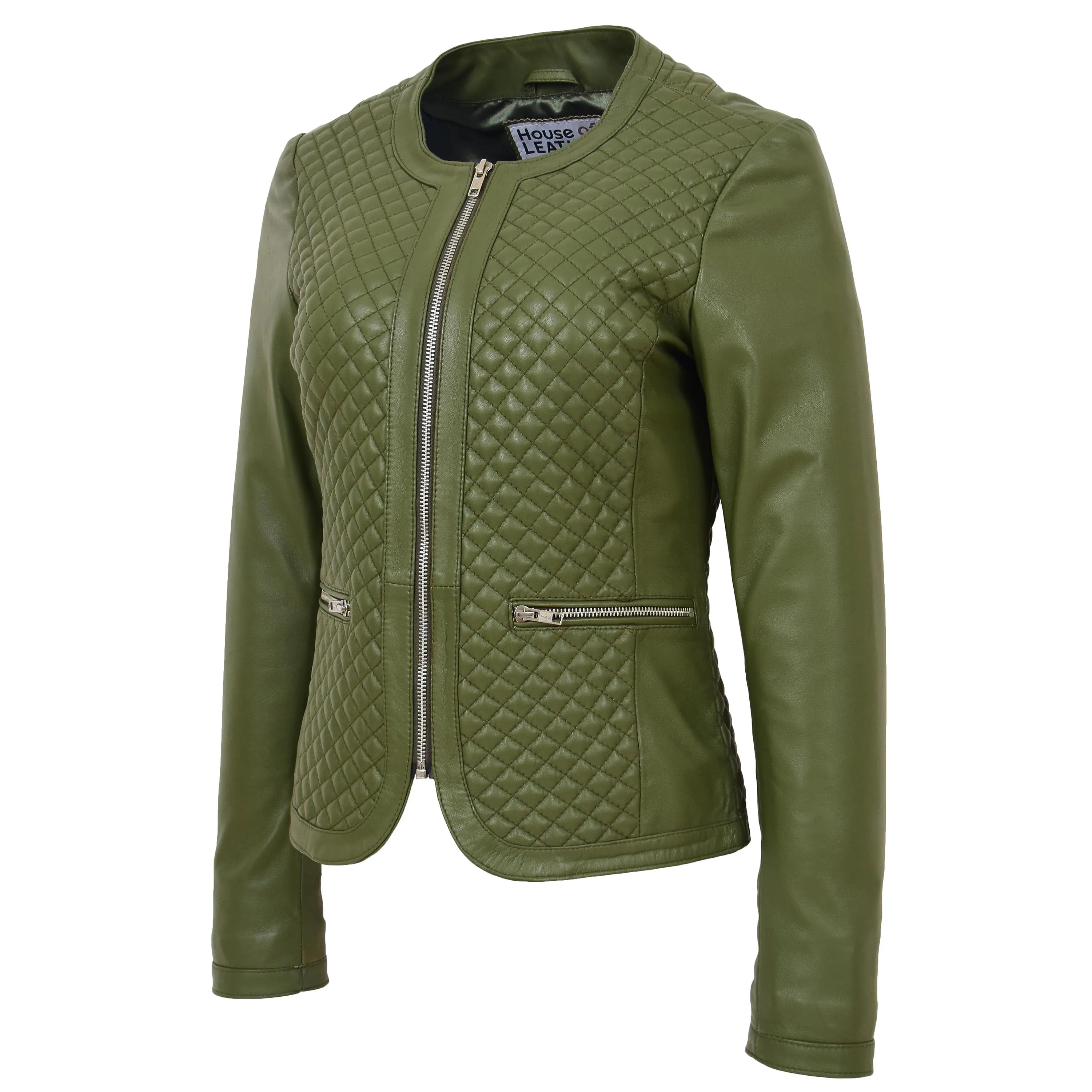 Womens Leather Collarless Jacket with Quilt Design Joan Olive Green