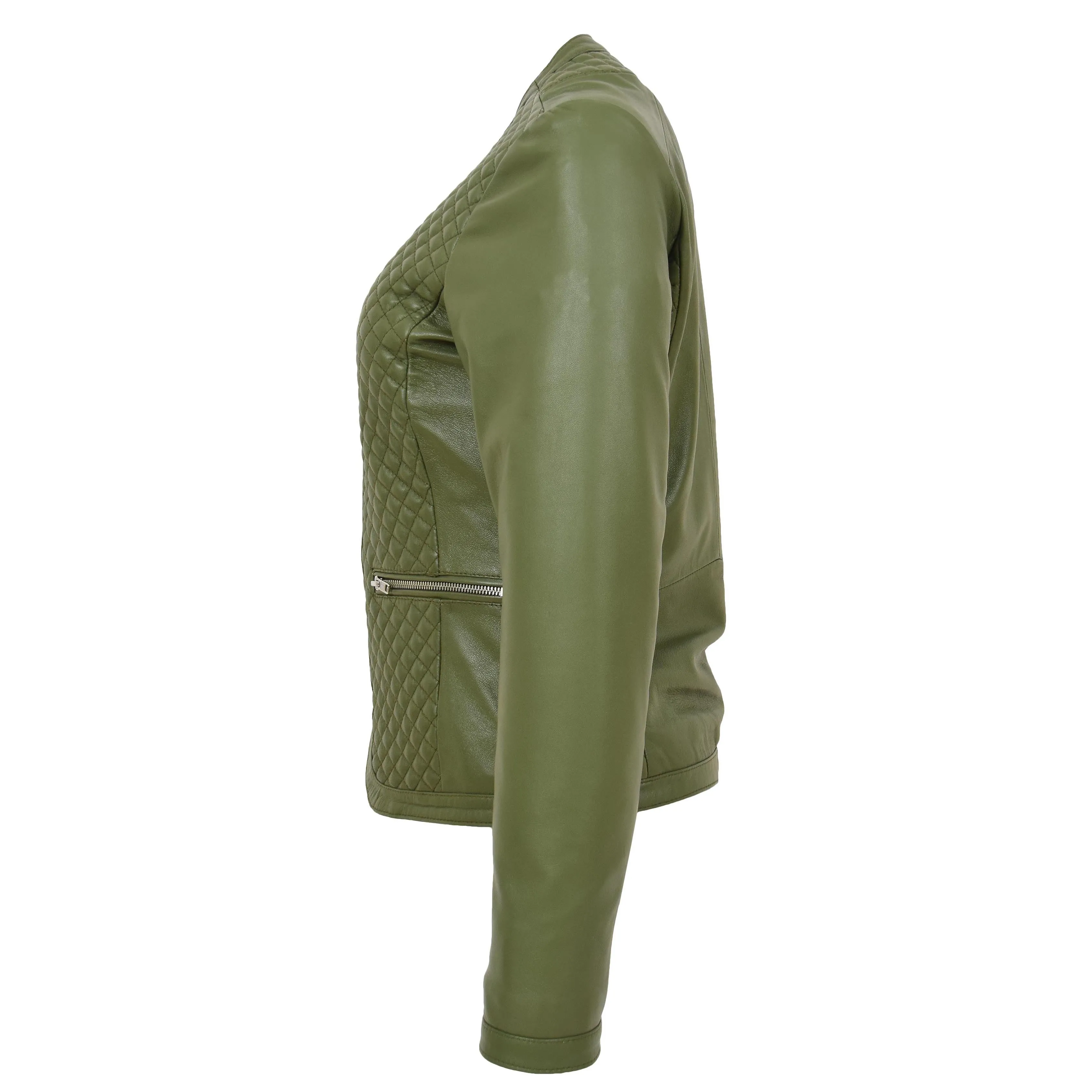 Womens Leather Collarless Jacket with Quilt Design Joan Olive Green