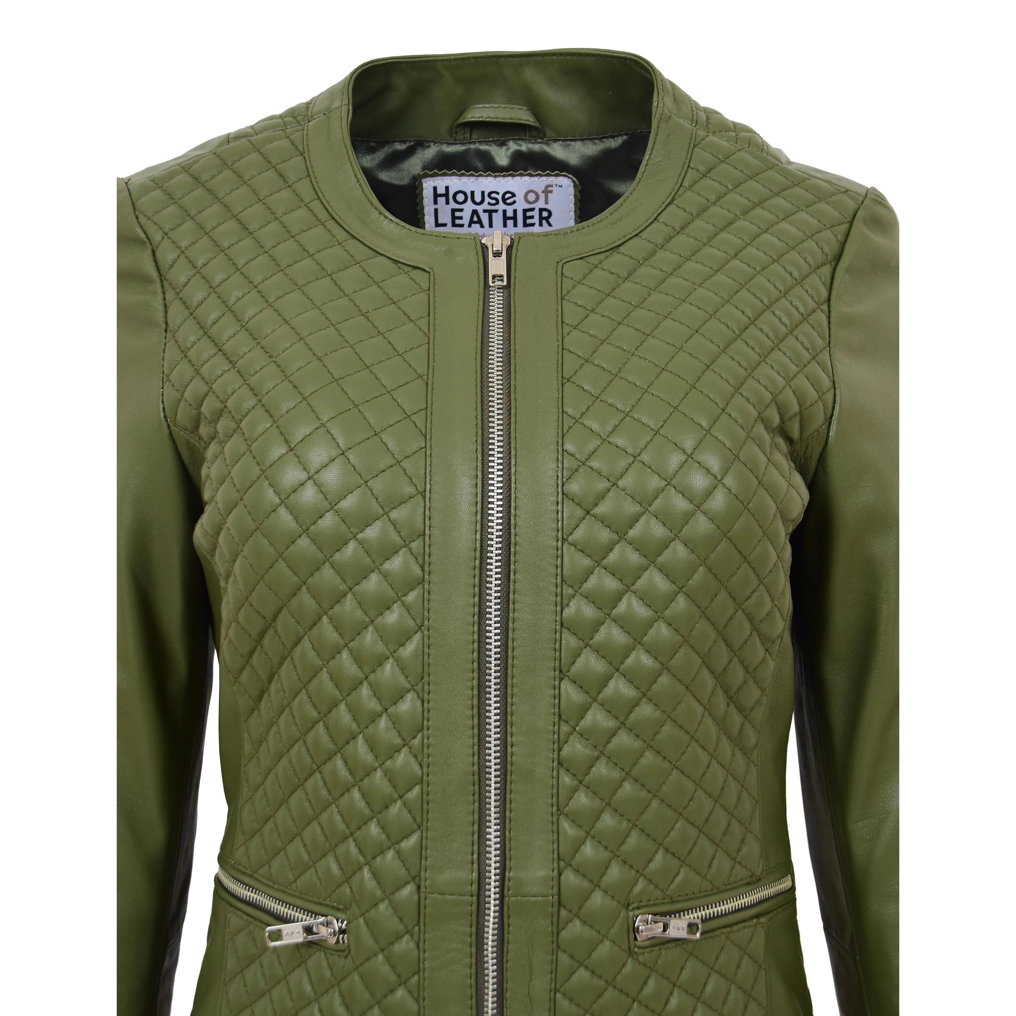 Womens Leather Collarless Jacket with Quilt Design Joan Olive Green