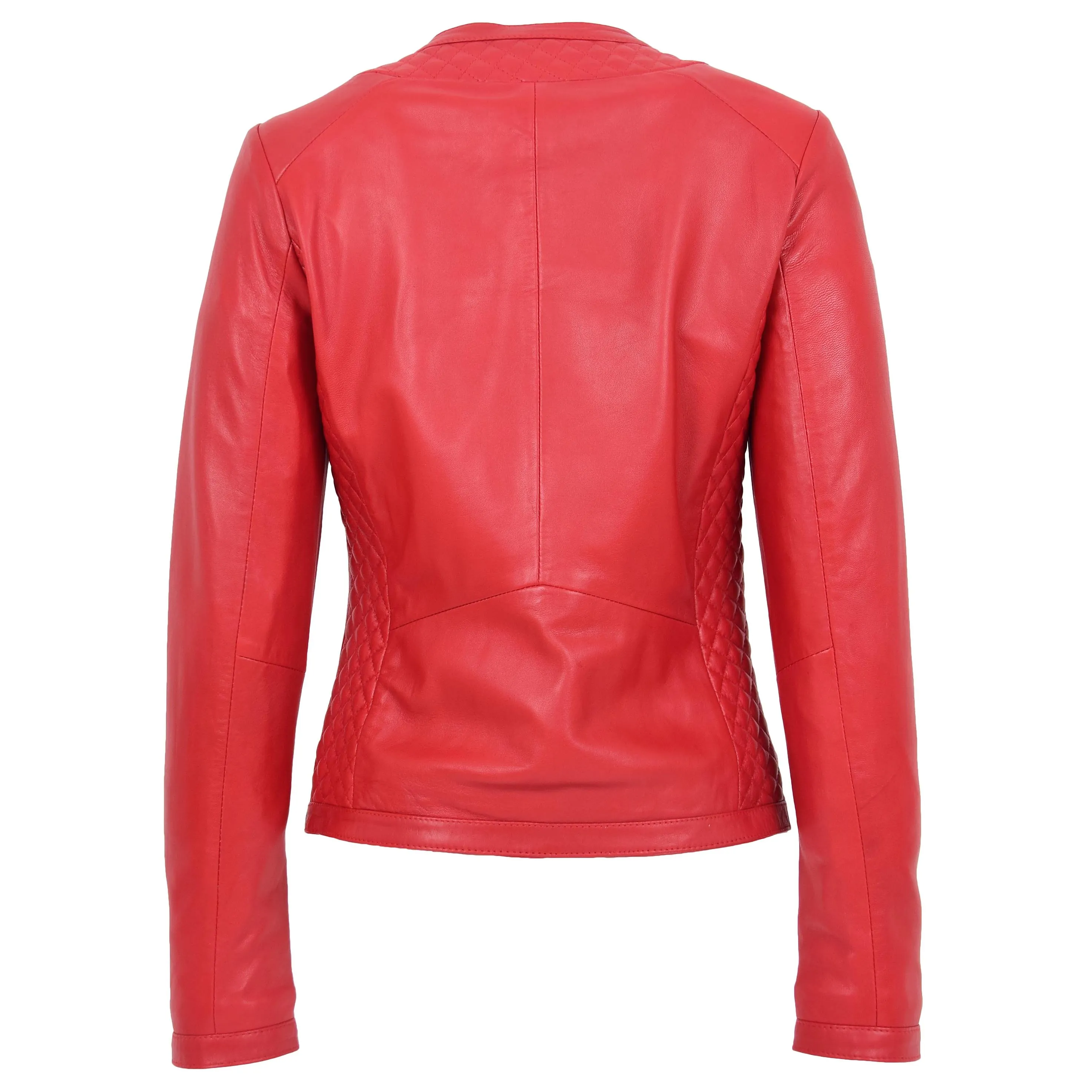 Womens Leather Collarless Jacket with Quilt Design Joan Red