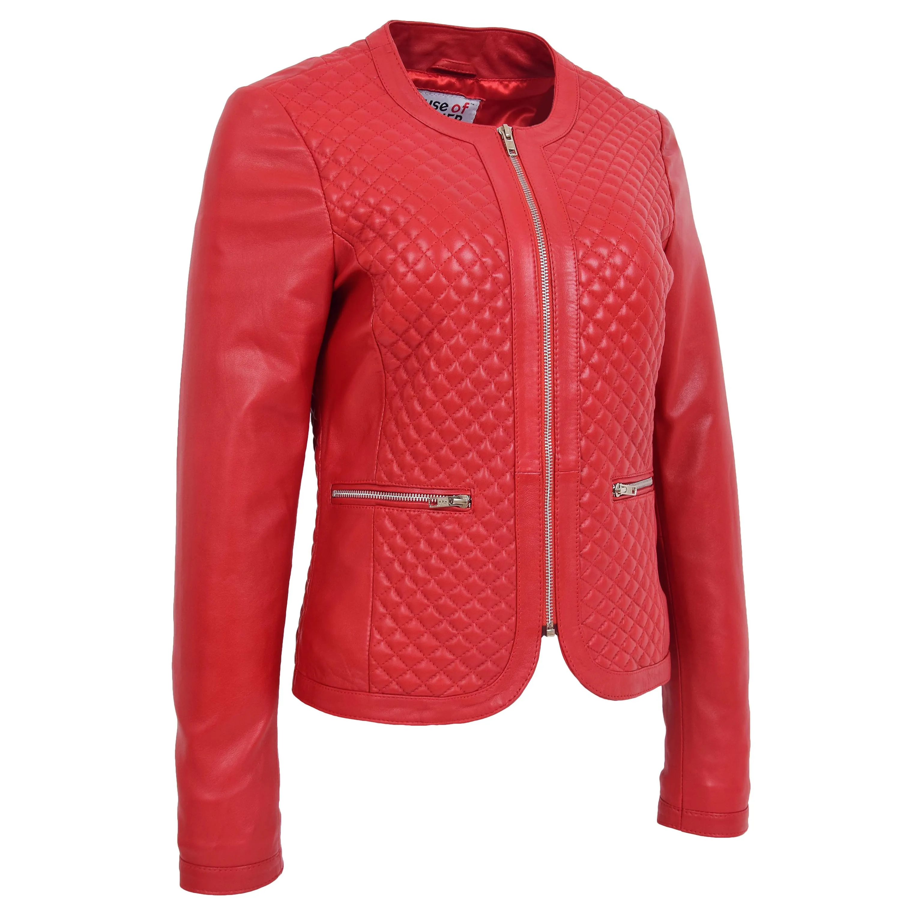 Womens Leather Collarless Jacket with Quilt Design Joan Red